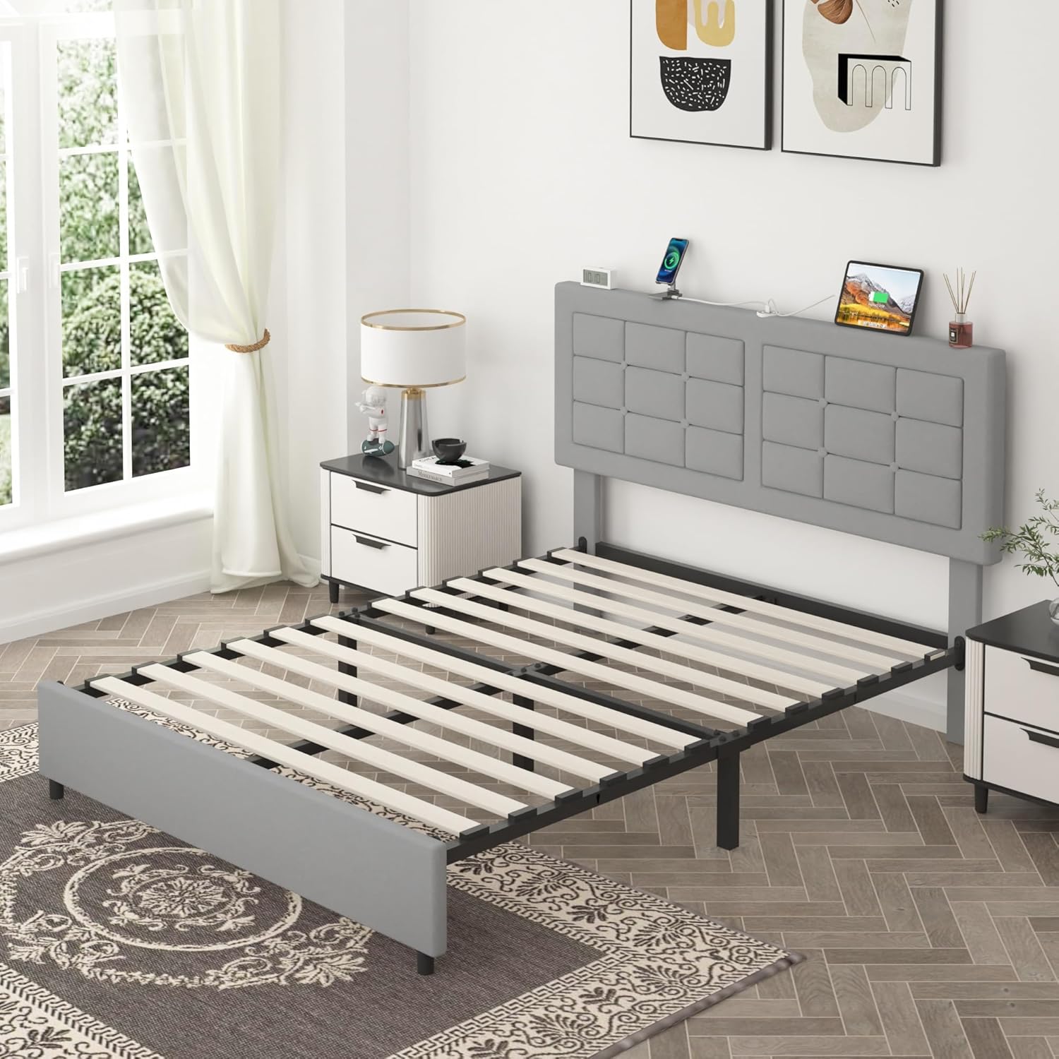 VECELO Bed Frame with 4 Drawers, Adjustable Tufted Button Headboard - VECELO