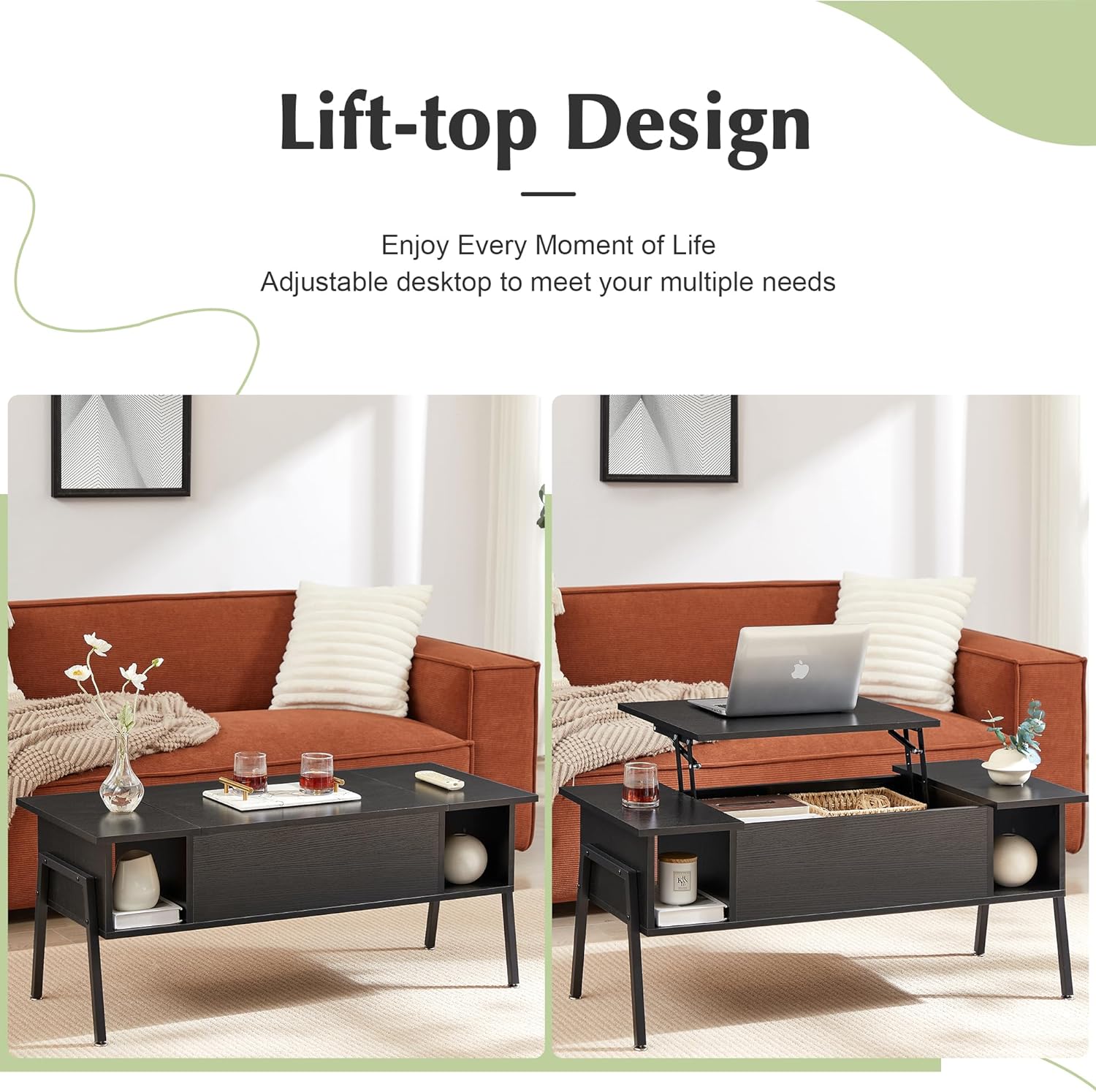 VECELO Wood Lift Top Coffee Table with Hidden Compartment and Storage Shelf - VECELO