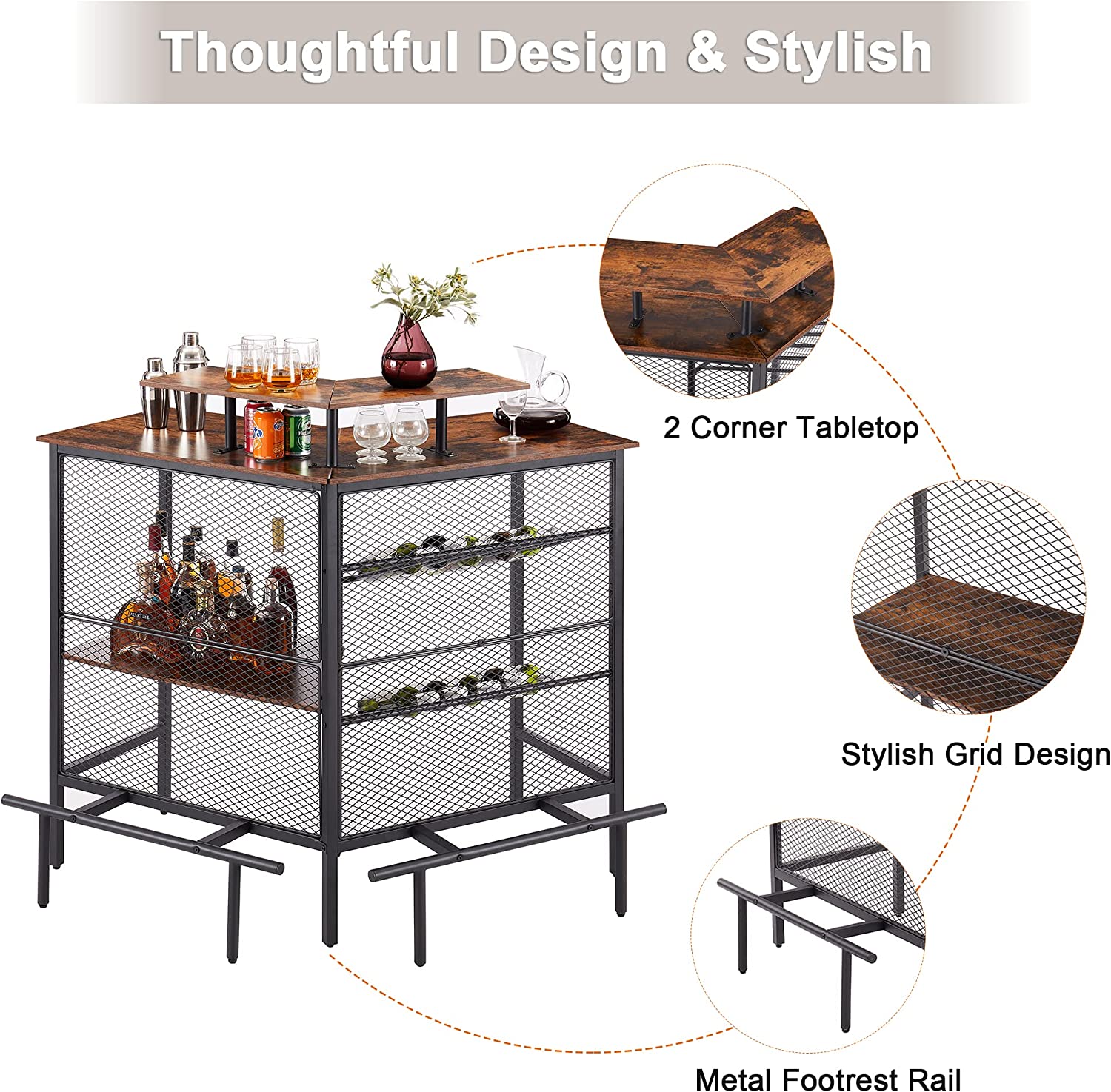 VECELO Bar Unit, 3 Tier Liquor Cabinet with Metal Mesh Front - VECELO