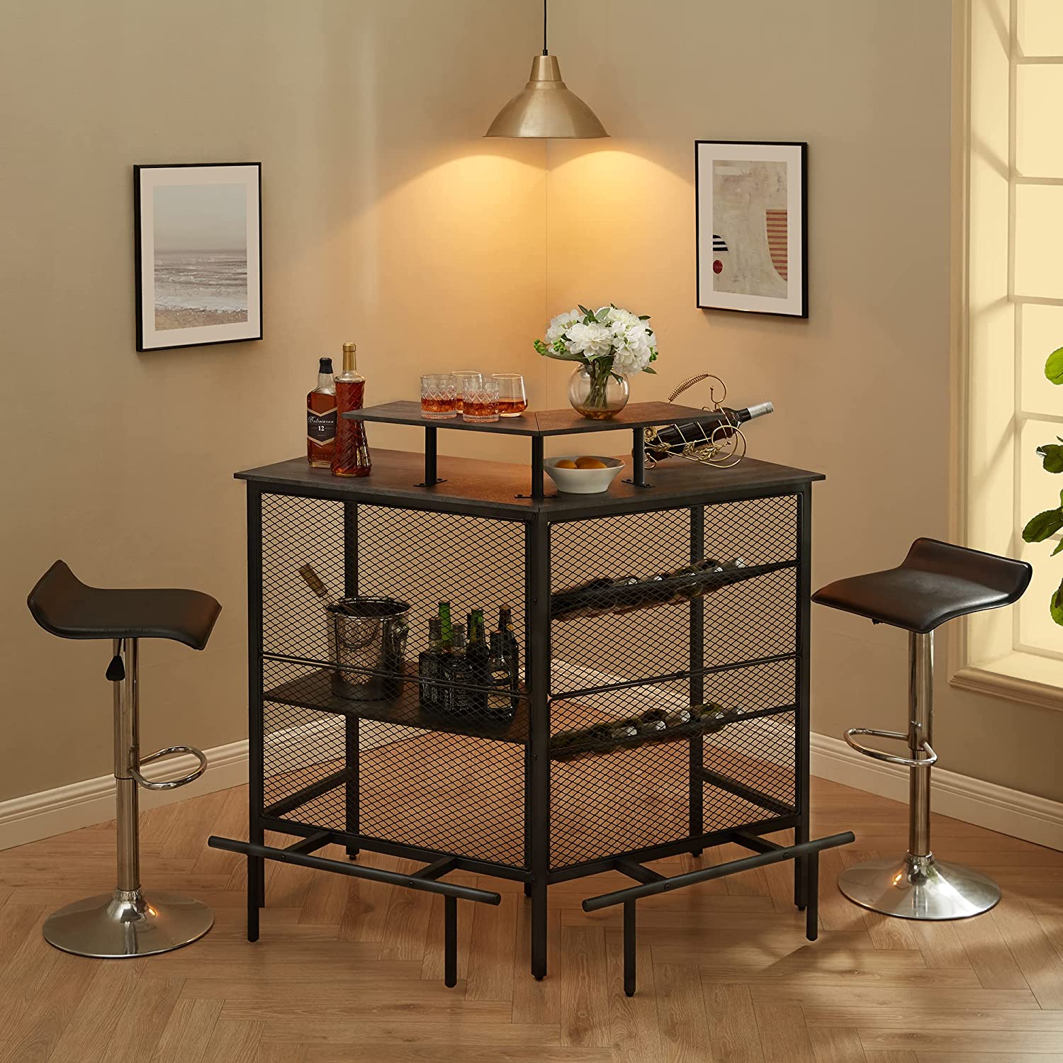 VECELO Bar Unit, 3 Tier Liquor Cabinet with Metal Mesh Front - VECELO