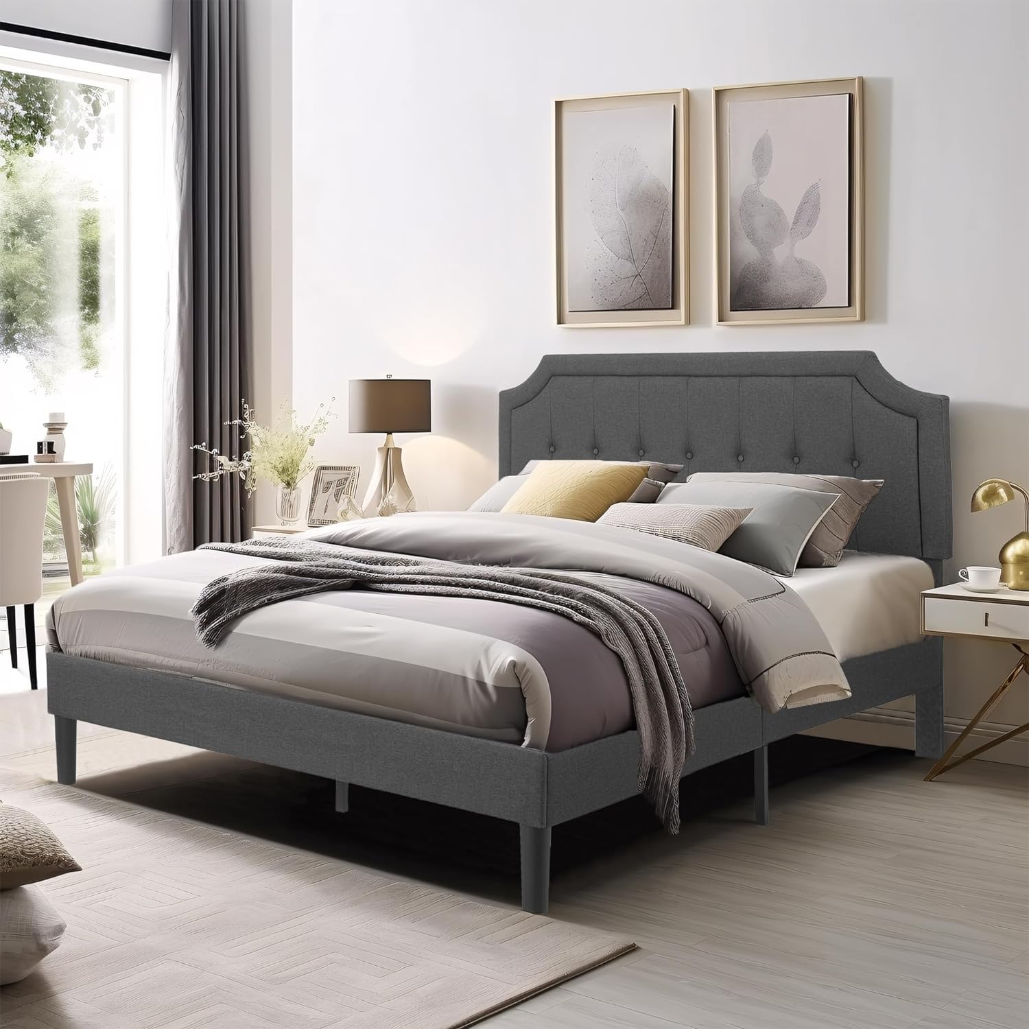 VECELO Premium Upholstered Platform Bed Diamond Stitched Panel Headboard - VECELO