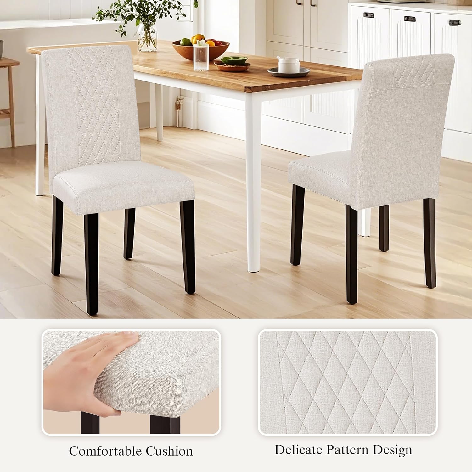 VECELO Dining Chairs Set of 2, Upholstered Fabric Wood Legs High Back for Kitchen Living Room - VECELO