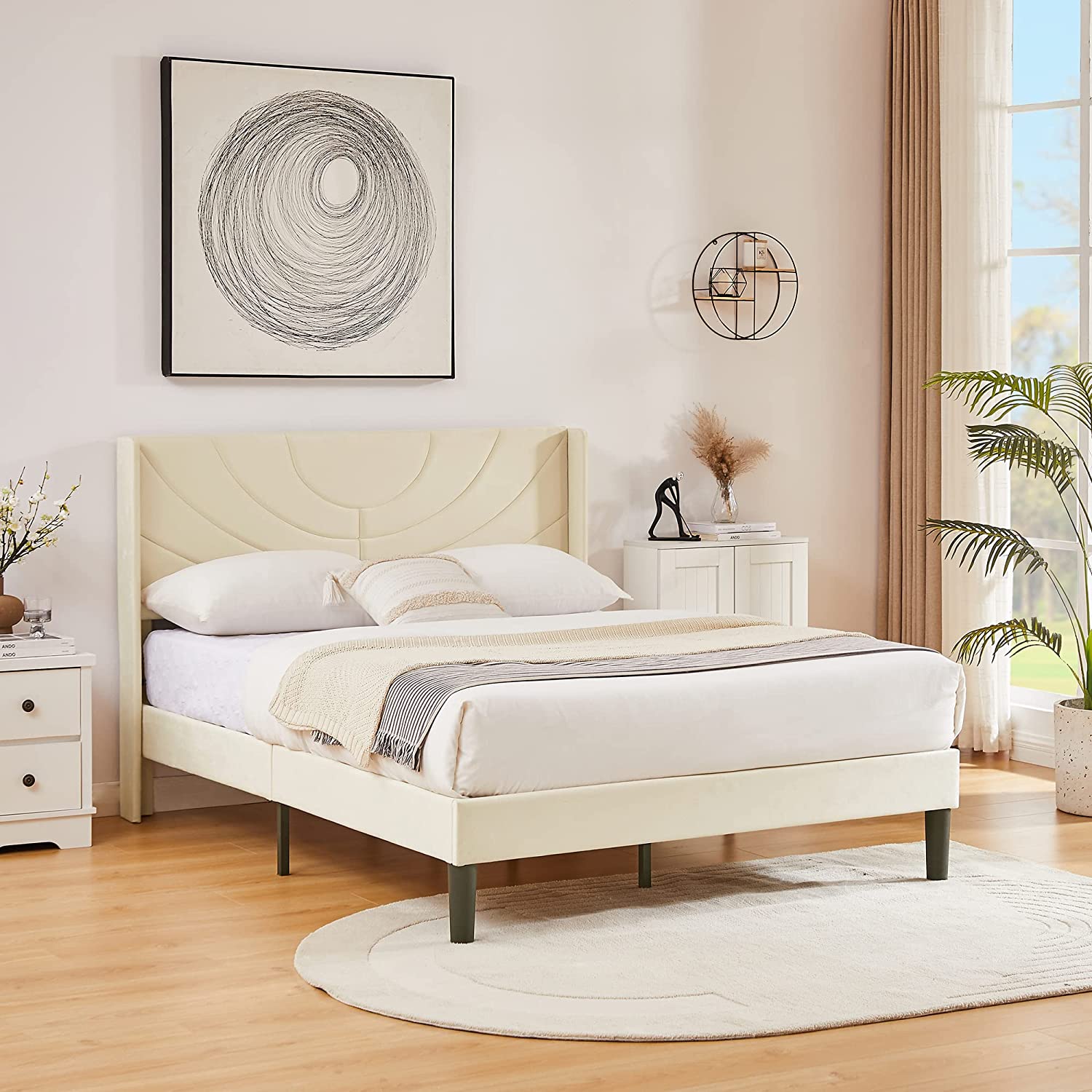 VECELO Upholstered Platform Bed Frame with Adjustable Fabric Headboard - VECELO