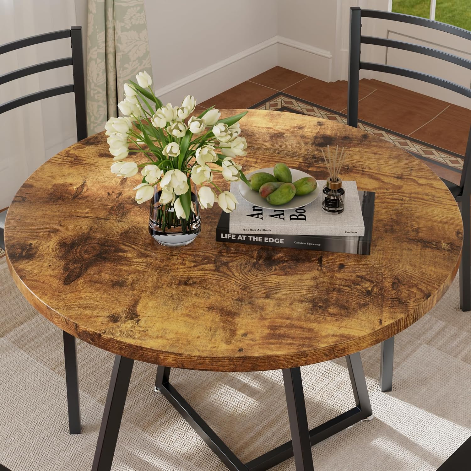 VECELO Round Dining Room Table with Wood Grain Tabletop and Steel Frame