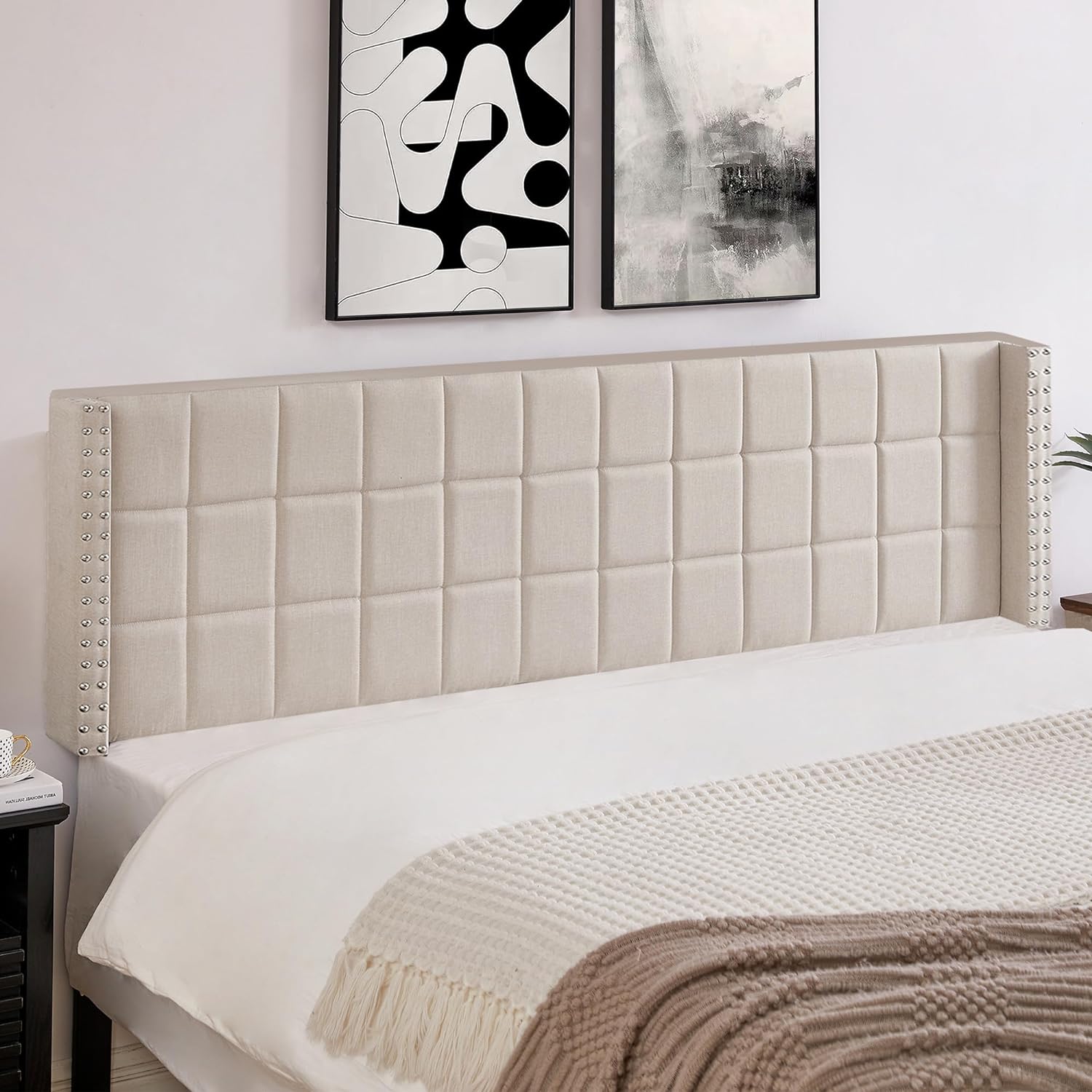 VECELO Linen Upholstered Headboard for Queen/King Size Bed, Tufted Nailhead & Double Wingback for Bedroom - VECELO