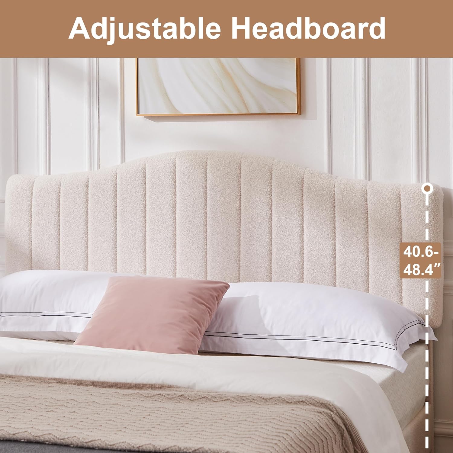 VECELO Upholstered Platform Bed Frame with Sheepskin Fabric Adjustable Headboard/Strong Wood Slats Supports - VECELO