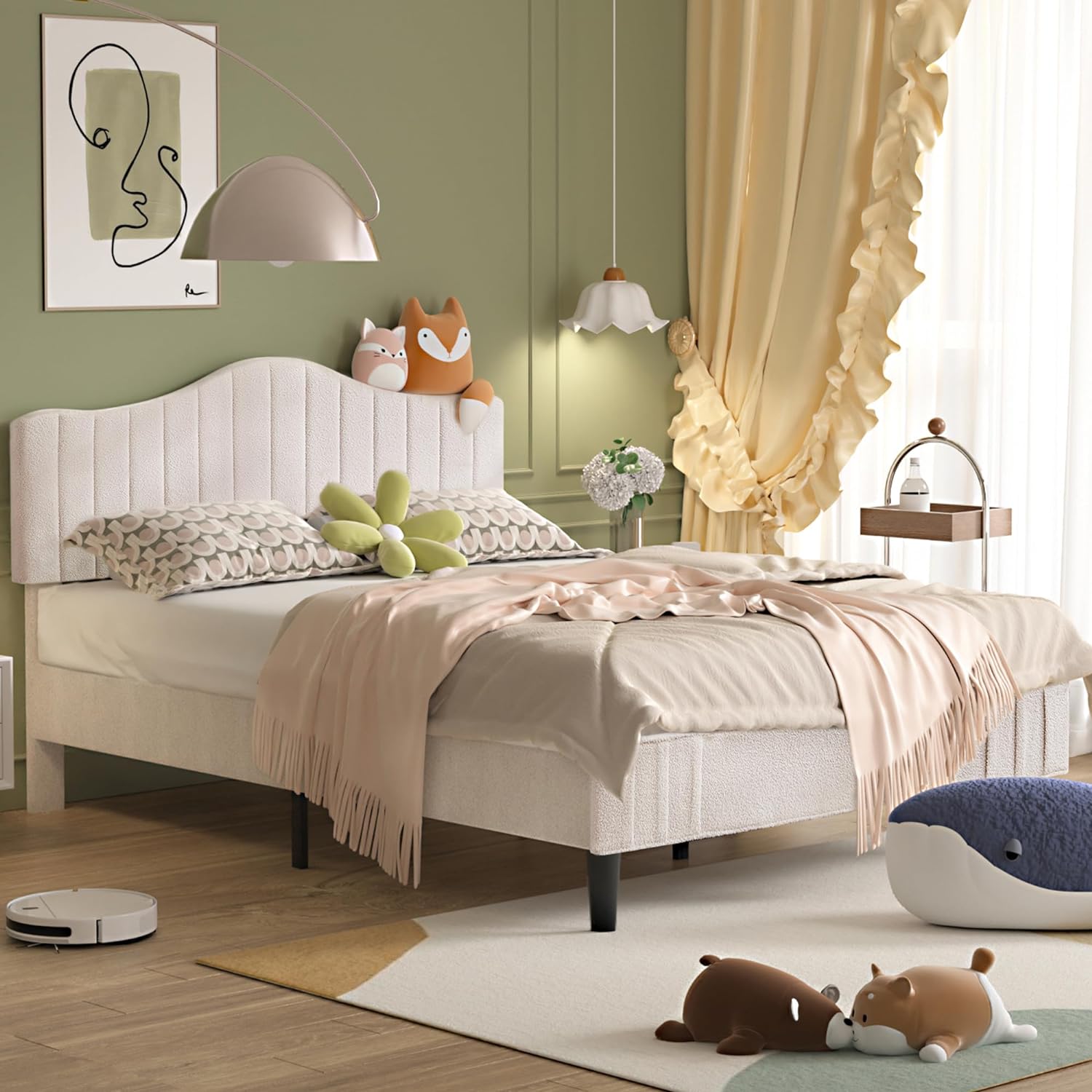 VECELO Upholstered Platform Bed Frame with Sheepskin Fabric Adjustable Headboard/Strong Wood Slats Supports - VECELO