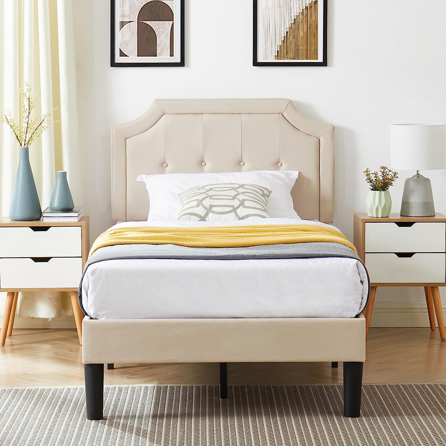 VECELO Premium Upholstered Platform Bed Diamond Stitched Panel Headboard - VECELO