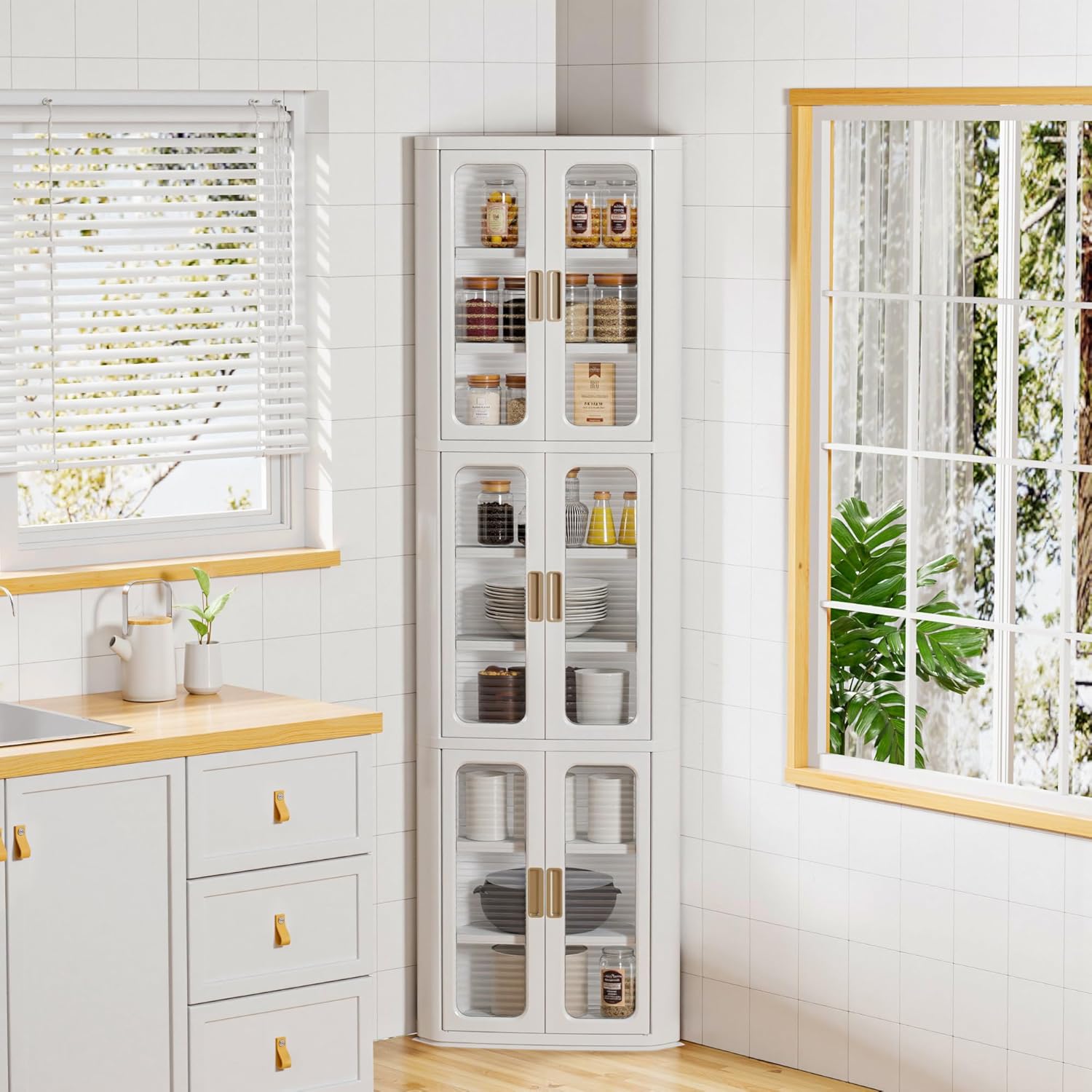 VECELO 3-Tier Tall Corner Cabinet with Doors & Adjustable Shelves