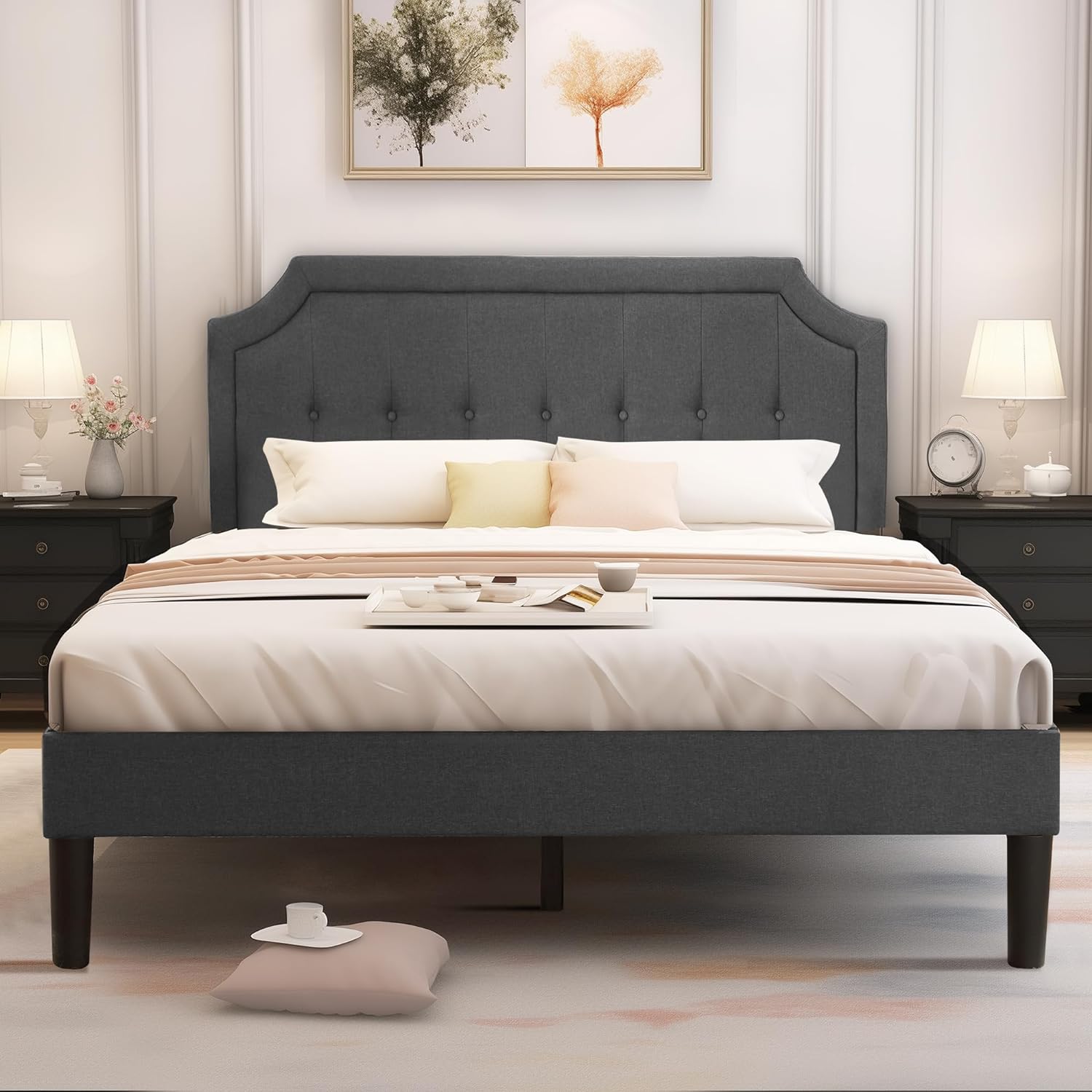 VECELO Premium Upholstered Platform Bed Diamond Stitched Panel Headboard - VECELO