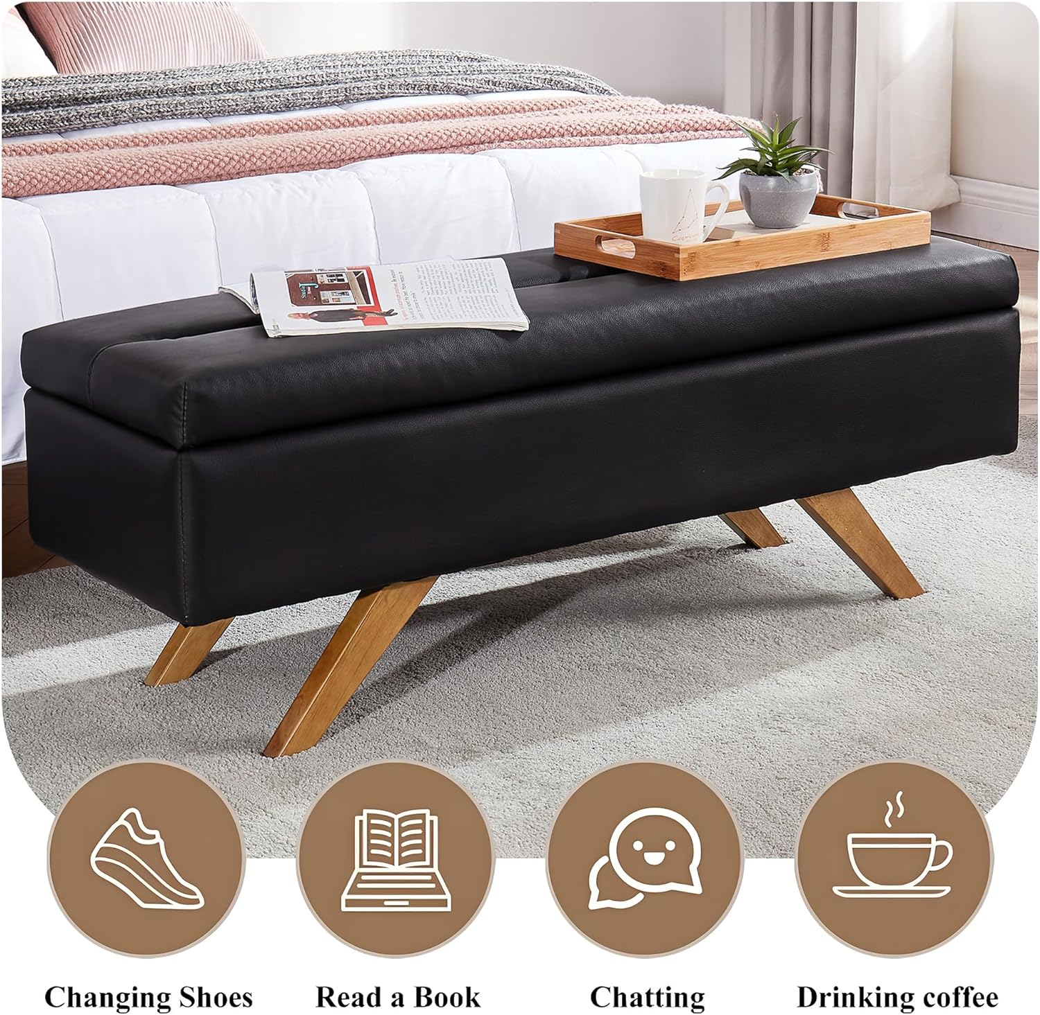 VECELO PU Leather Ottoman Bench with 6.1-inch Storage Space - VECELO