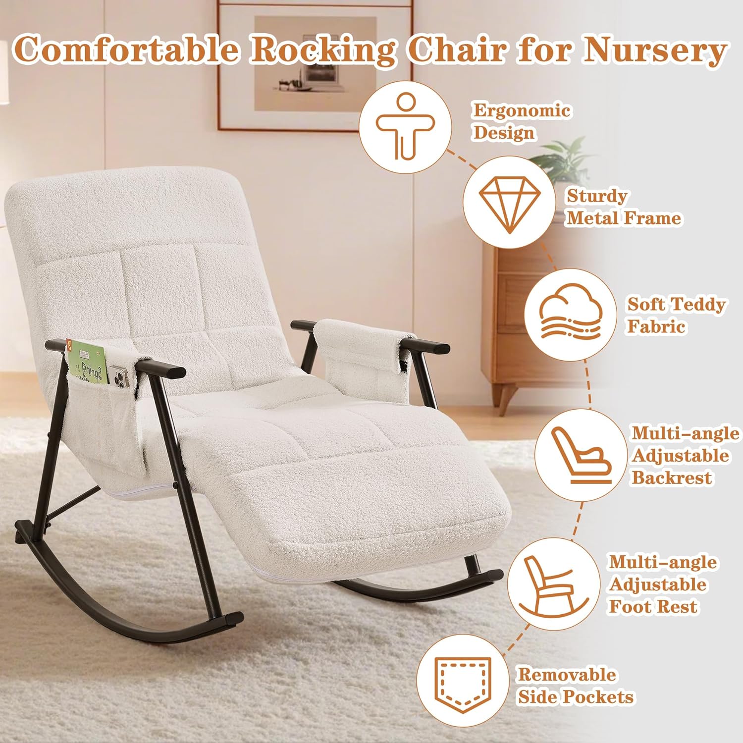 VECELO High Back Nursery Rocking Chair with Foot Rest, Teddy Upholstered Reclining Glider Rocker - VECELO
