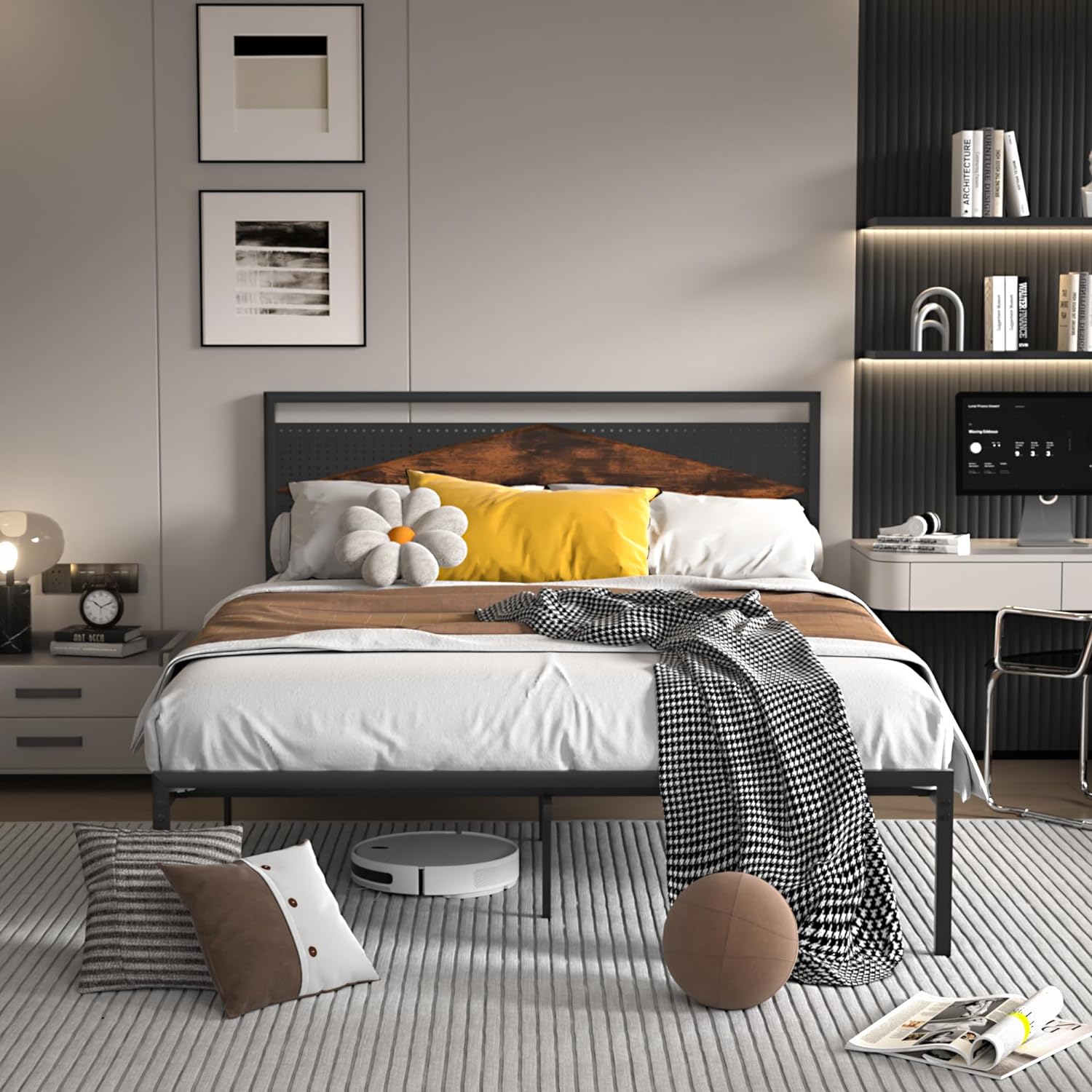 VECELO Metal Bed Frame Platform with Wood Grain Headboard&Footboard - VECELO