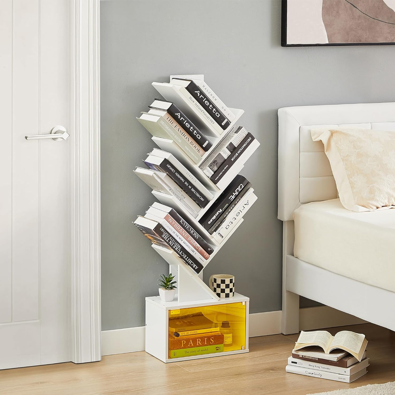 VECELO Tree Bookshelf, 7-Tier Tree Bookcase Wood Shelves Display with Storage Cabinet - VECELO