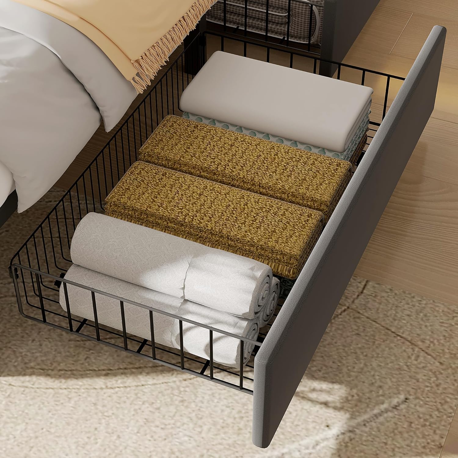 VECELO Upholstered Bed Frame with 4 Storage Drawers and Adjustable Velvet Headboard - VECELO
