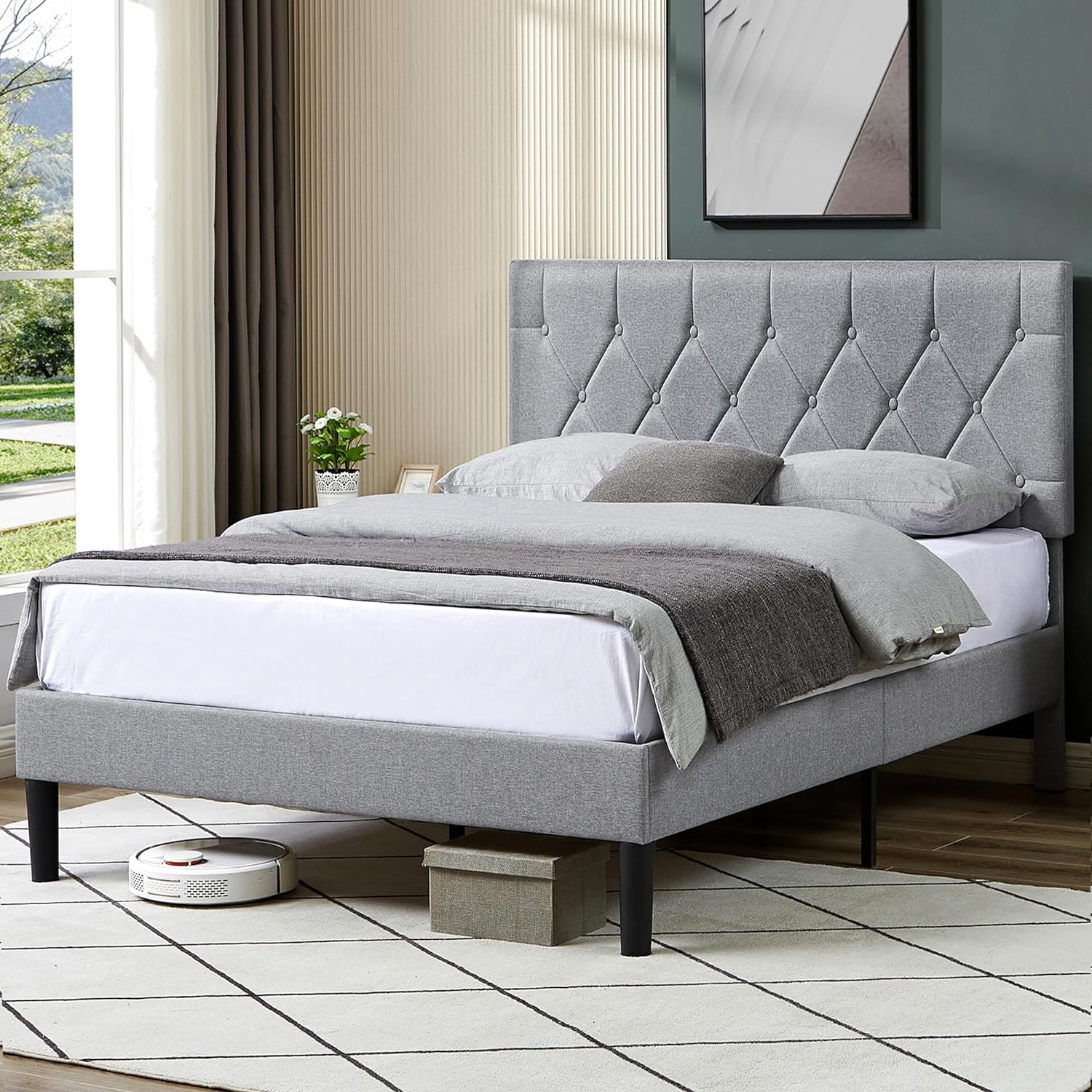 VECELO Bed Frame, Upholstered Platform with Adjustable Diamond Tufted Headboard - VECELO