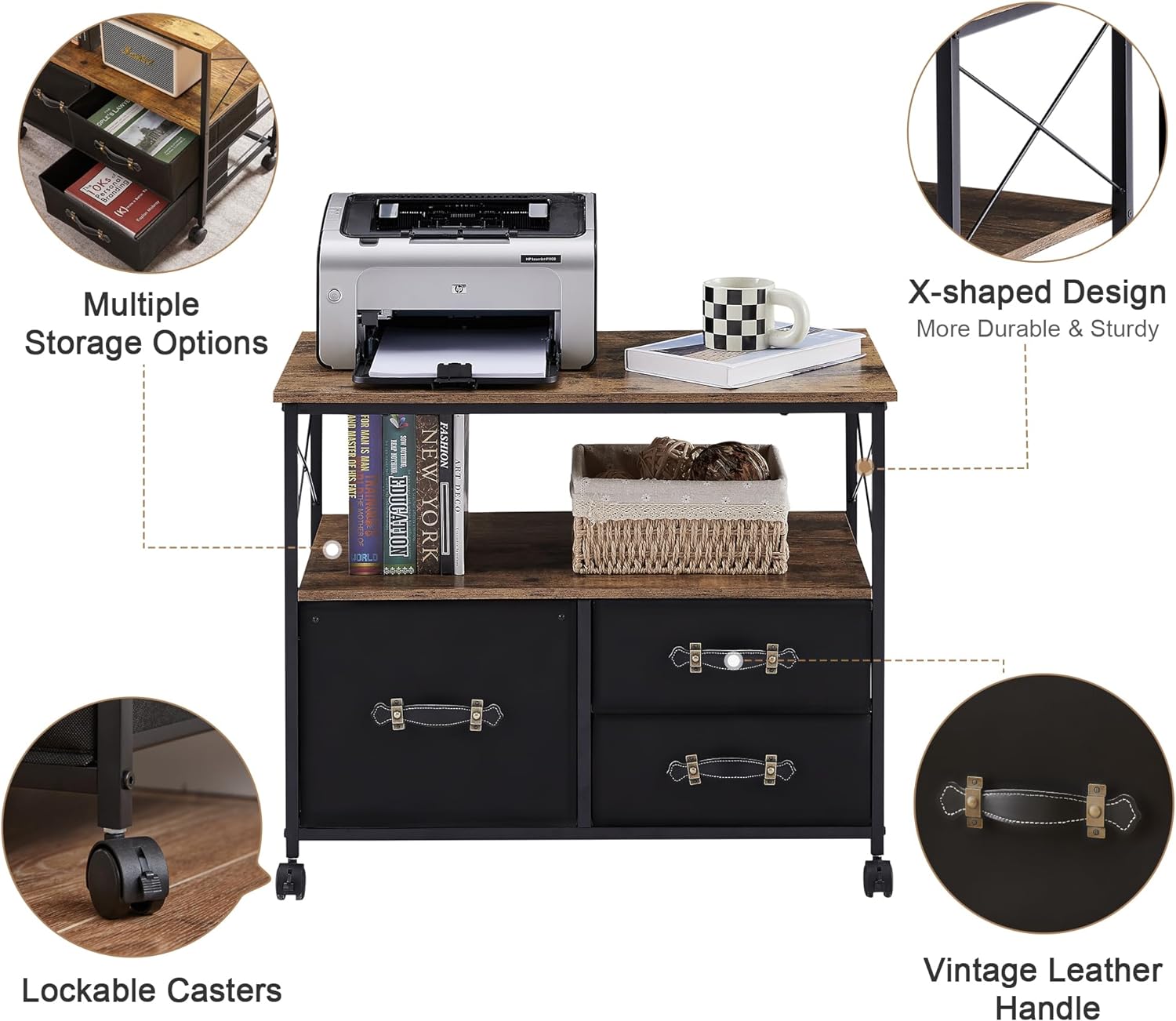 VECELO 3 Drawer Lateral File Cabinet, Rolling Printer Stand with Open Storage Shelf - VECELO