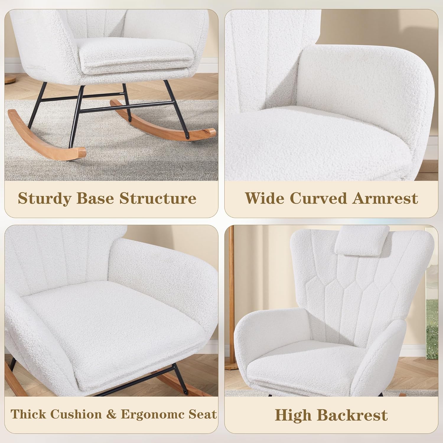 VECELO Rocking Chair Nursery with Thick Headrest, Modern Teddy Upholstered Reading Glider Rocker Accent Armchair with High Backrest - VECELO