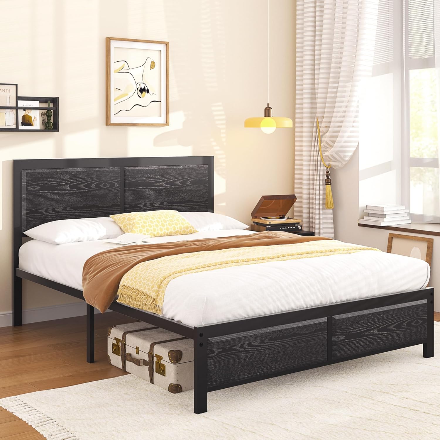 VECELO Platform Bed Frame, Mattress Foundation with Rustic Vintage Wood Headboard - VECELO