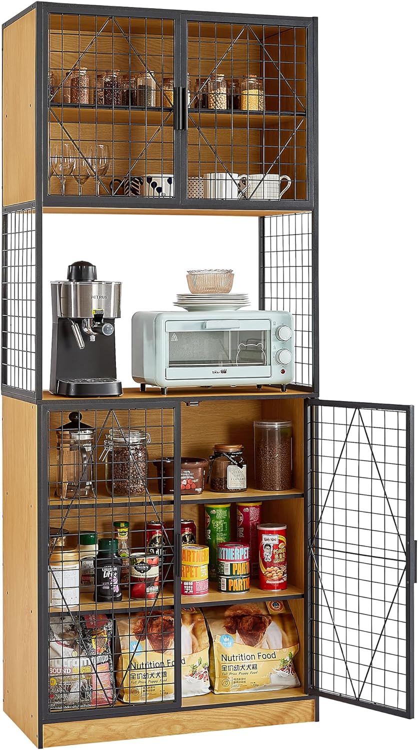 VECELO 72in Tall Kitchen Pantry Cabinet with Doors and Shelves Large Freestanding Storage Cupboard with Countertop Hutch - VECELO