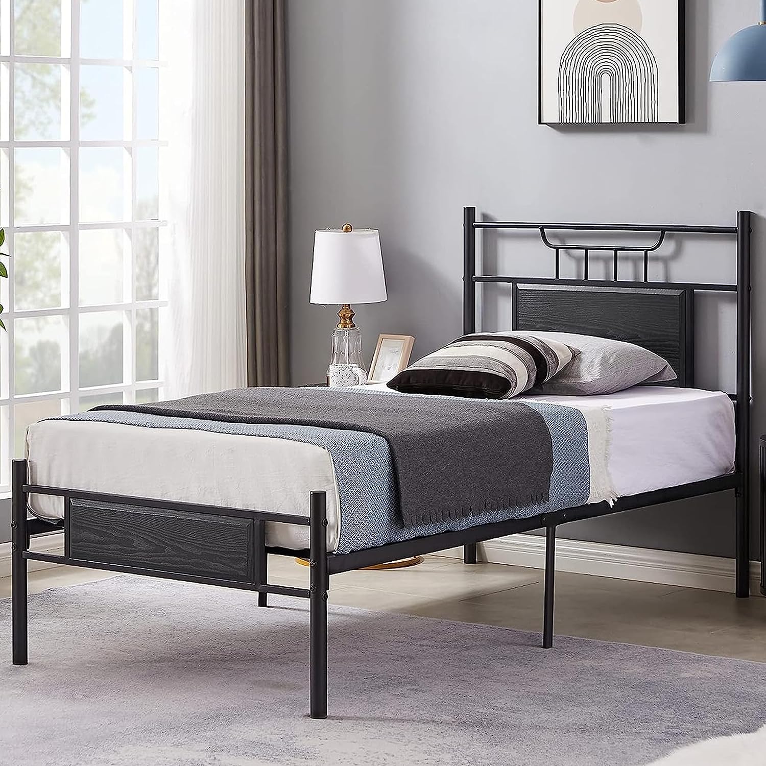 VECELO Platform Bed Frame with Wood Headboard No Box Spring Needed Heavy Duty Steel Slat - VECELO