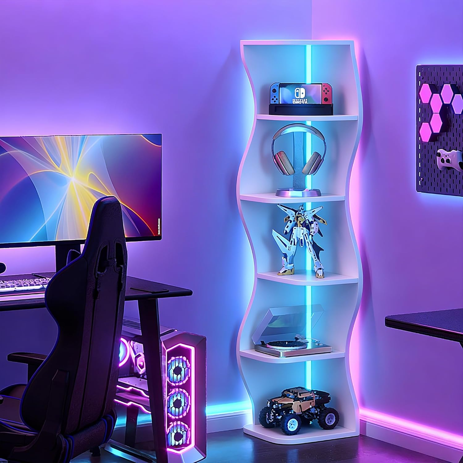 VECELO 6-Tier Compact Wave Corner Bookcase with LED Lights, Small Narrow Freestanding Bookshelf for Small Spaces