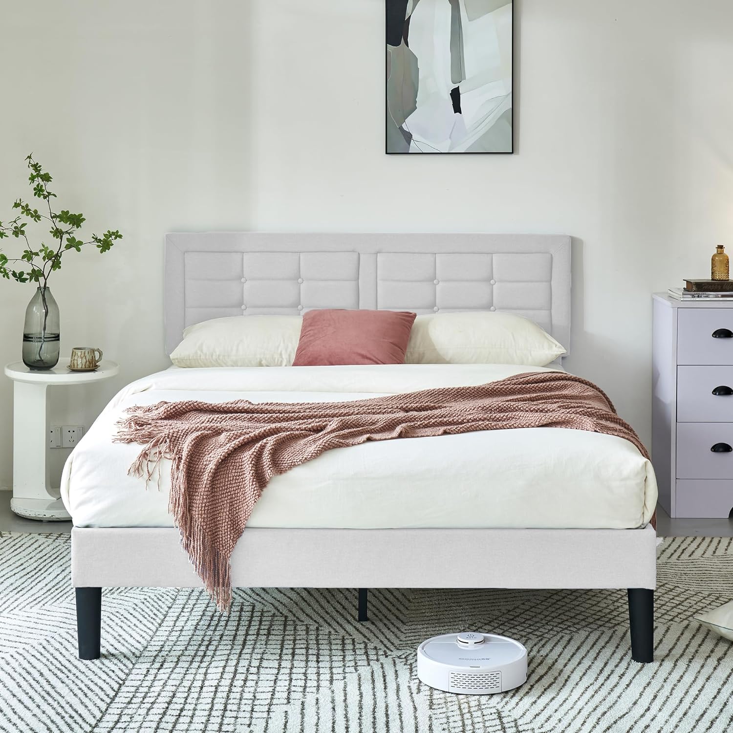 VECELO Upholstered Platform Bed Frame with Height Adjustable Headboard - VECELO