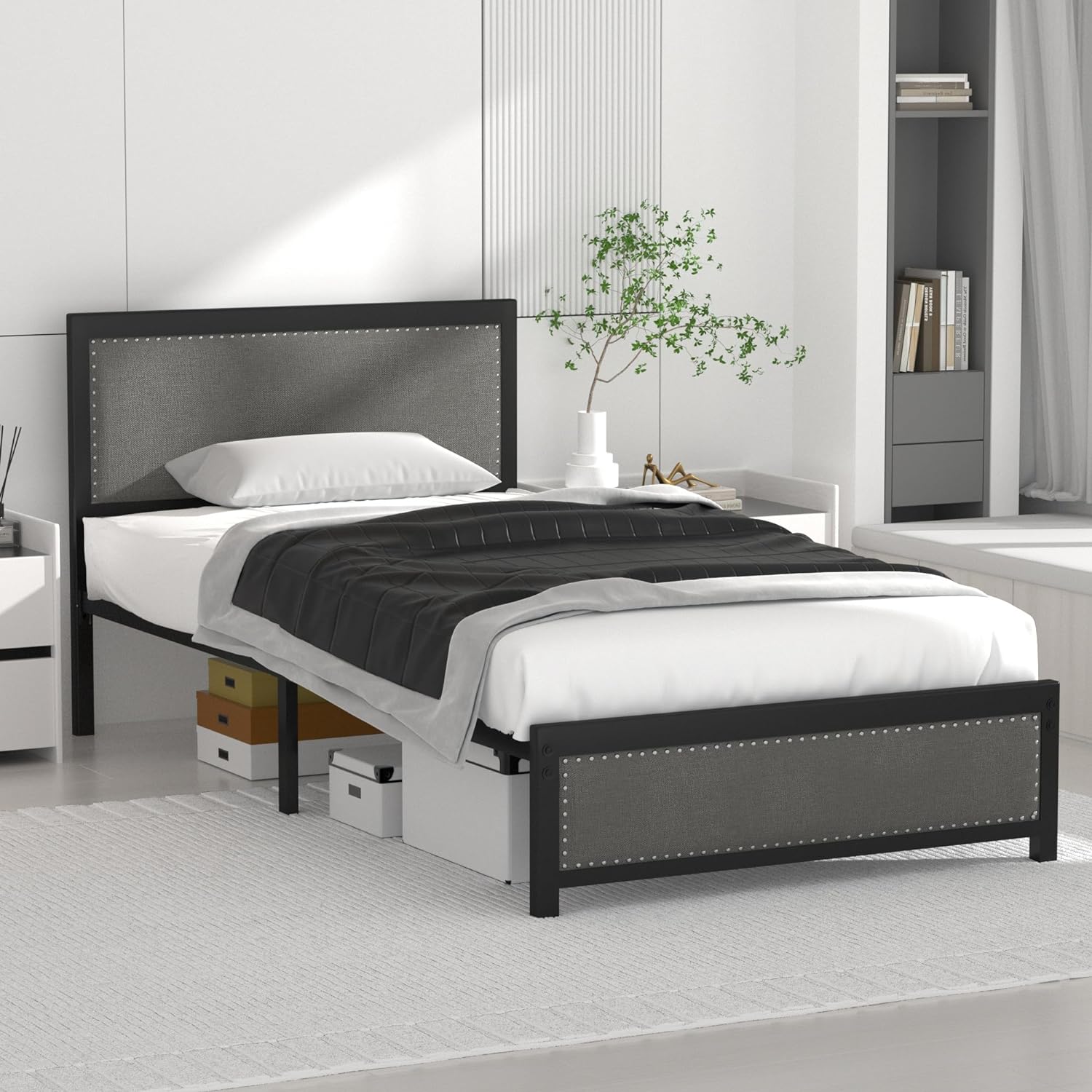 VECELO Bed Frame with Linen Fabric Headboard and Footboard No Box Spring Needed - VECELO