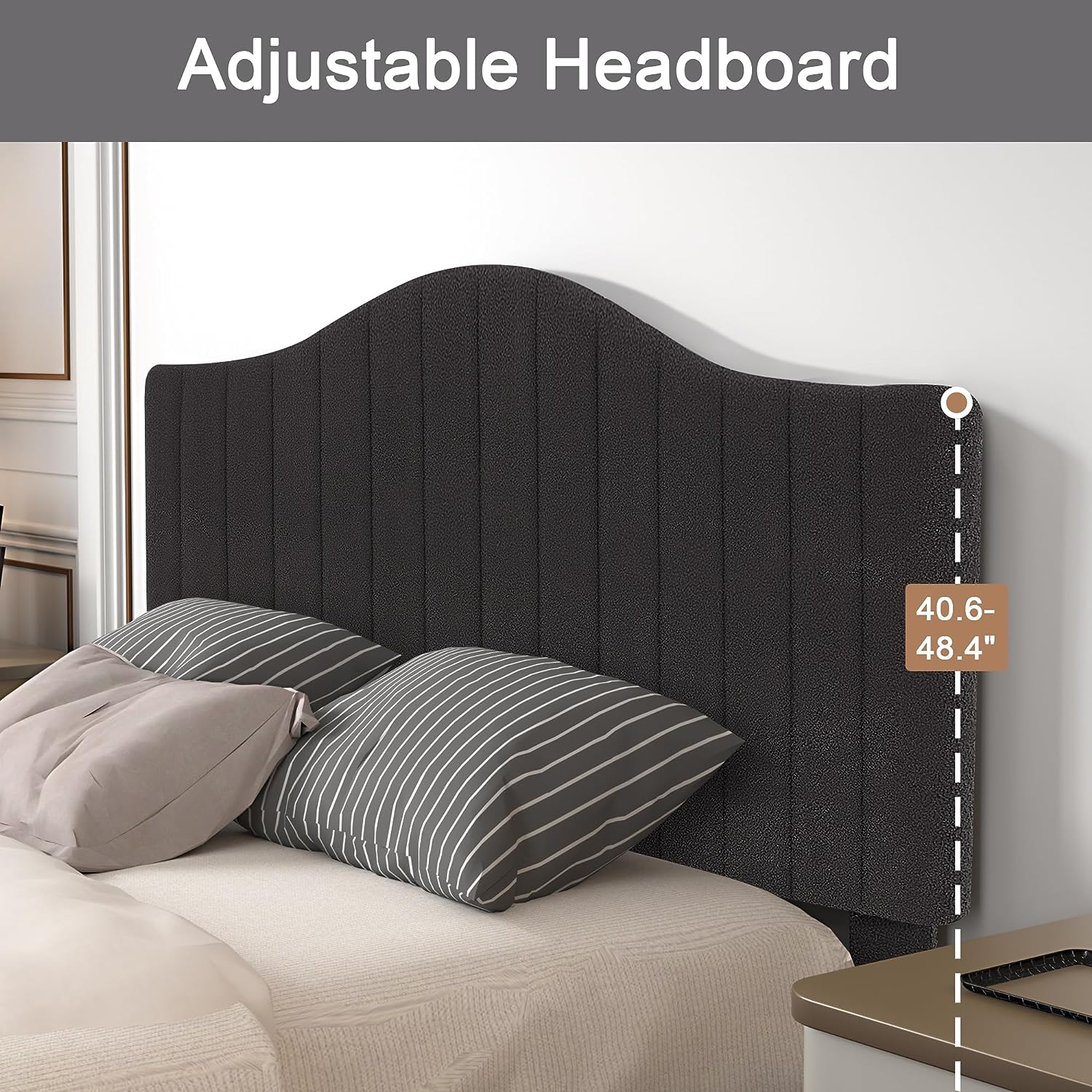 VECELO Upholstered Platform Bed Frame with Sheepskin Fabric Adjustable Headboard/Strong Wood Slats Supports - VECELO