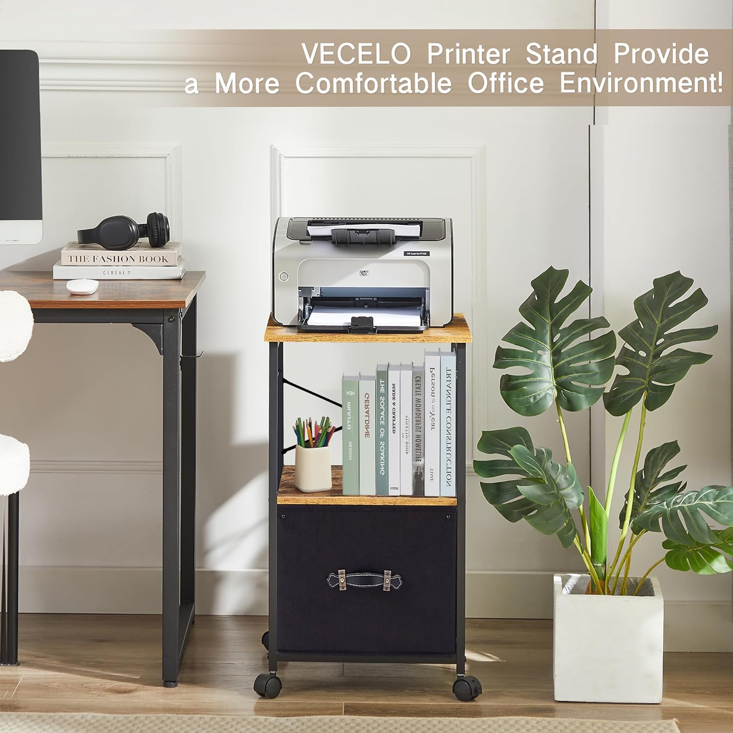 VECELO File Cabinet with Open Storage Shelf, Rolling Printer Stand with Large Fabric Drawer - VECELO