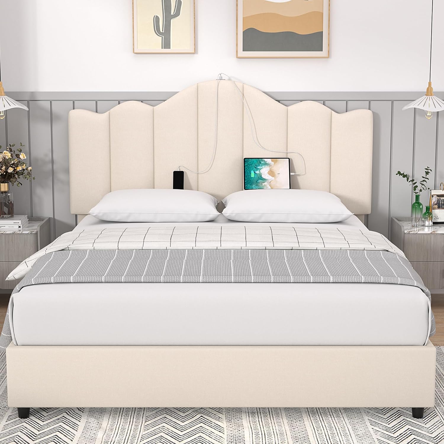 VECELO Upholstered Platform Bed Frame with Type-C & USB Charging Stations - VECELO