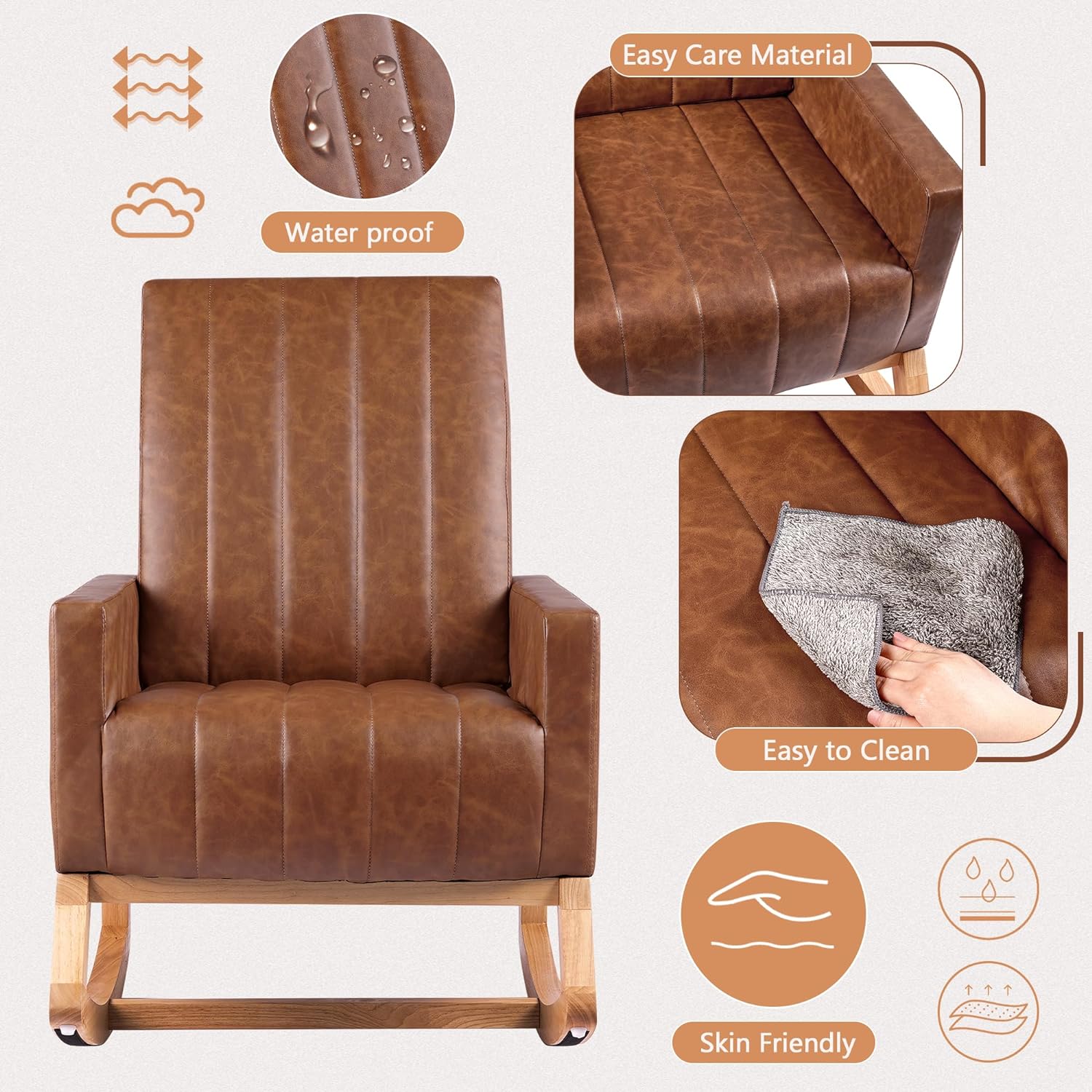 VECELO Rocking Chair Upholstered Nursery Glider Rocker High Backrest Comfy Armchair with Side Pocket and USB Port - VECELO