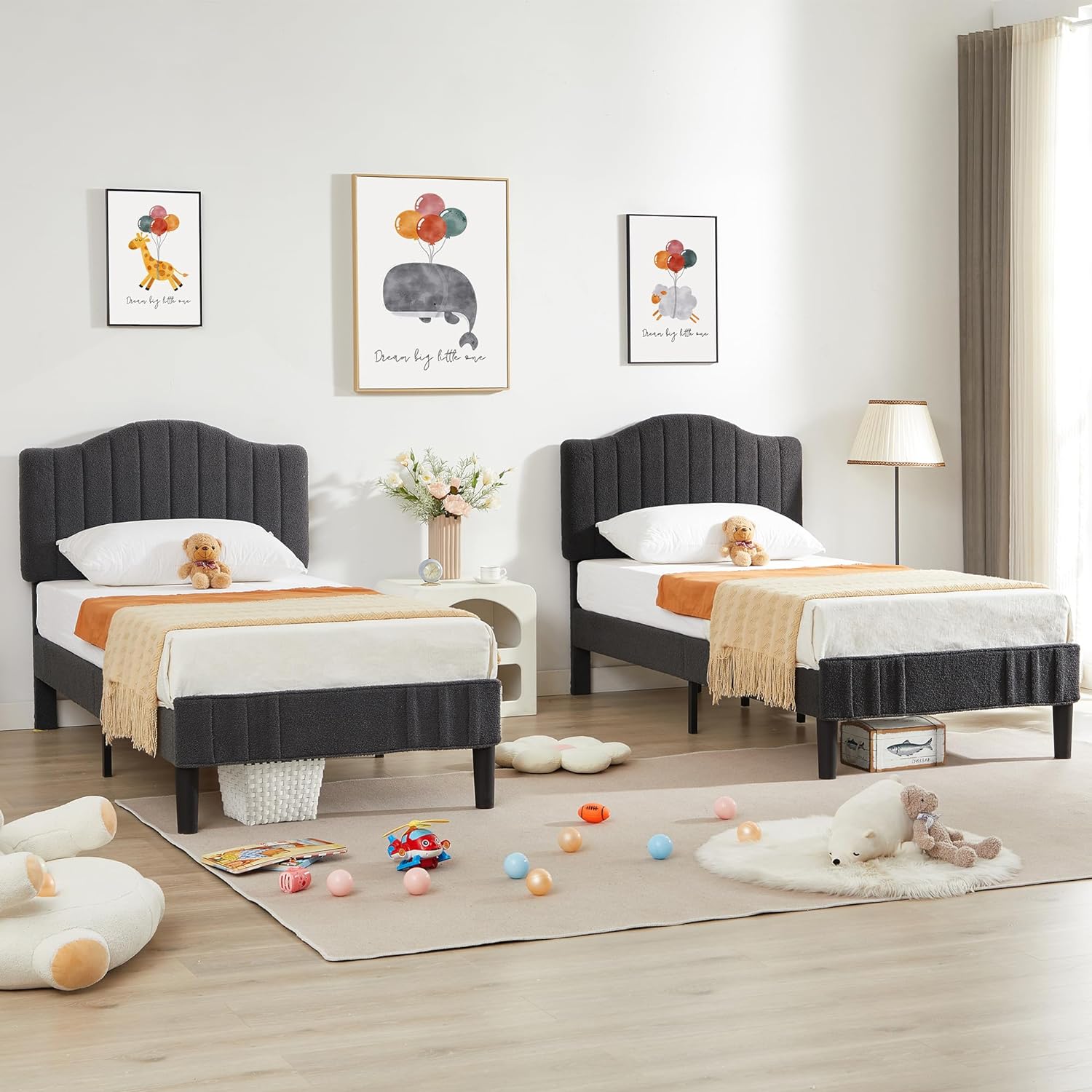 VECELO Upholstered Platform Bed Frame with Sheepskin Fabric Adjustable Headboard/Strong Wood Slats Supports - VECELO