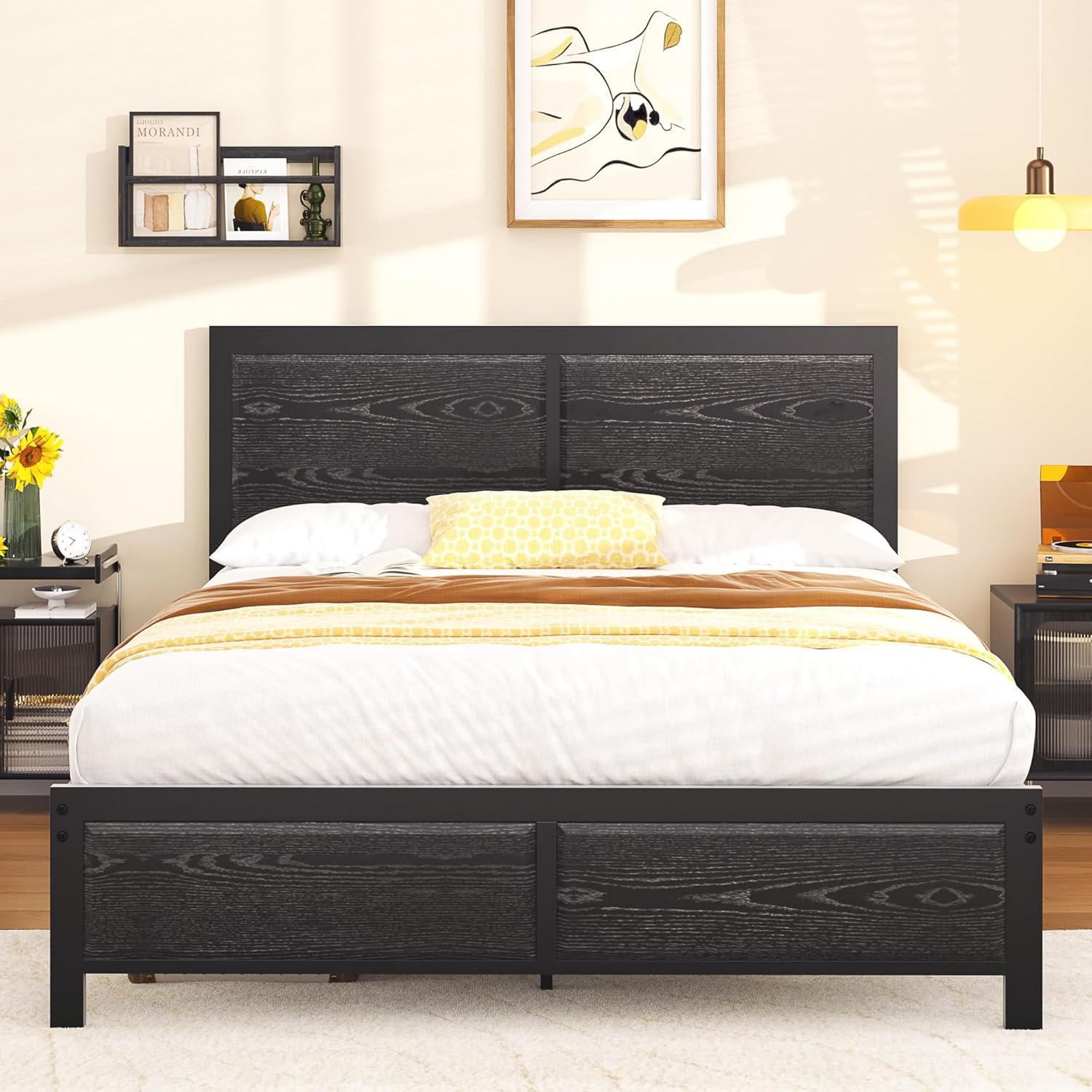 VECELO Platform Bed Frame, Mattress Foundation with Rustic Vintage Wood Headboard - VECELO