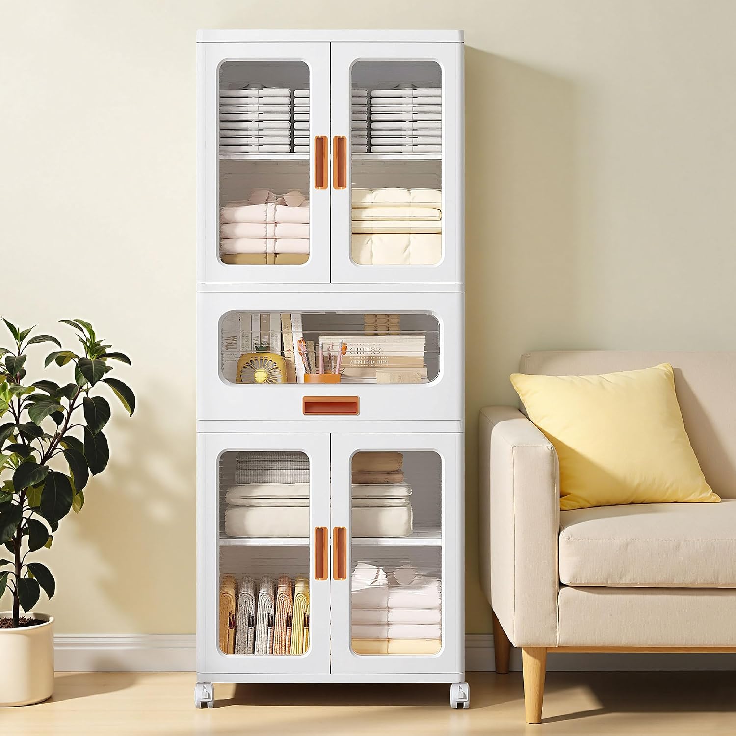 VECELO 226QT Stackable Storage Bins with Lids, Large Collapsible Storage Bins with Drawer and Movable Wheels