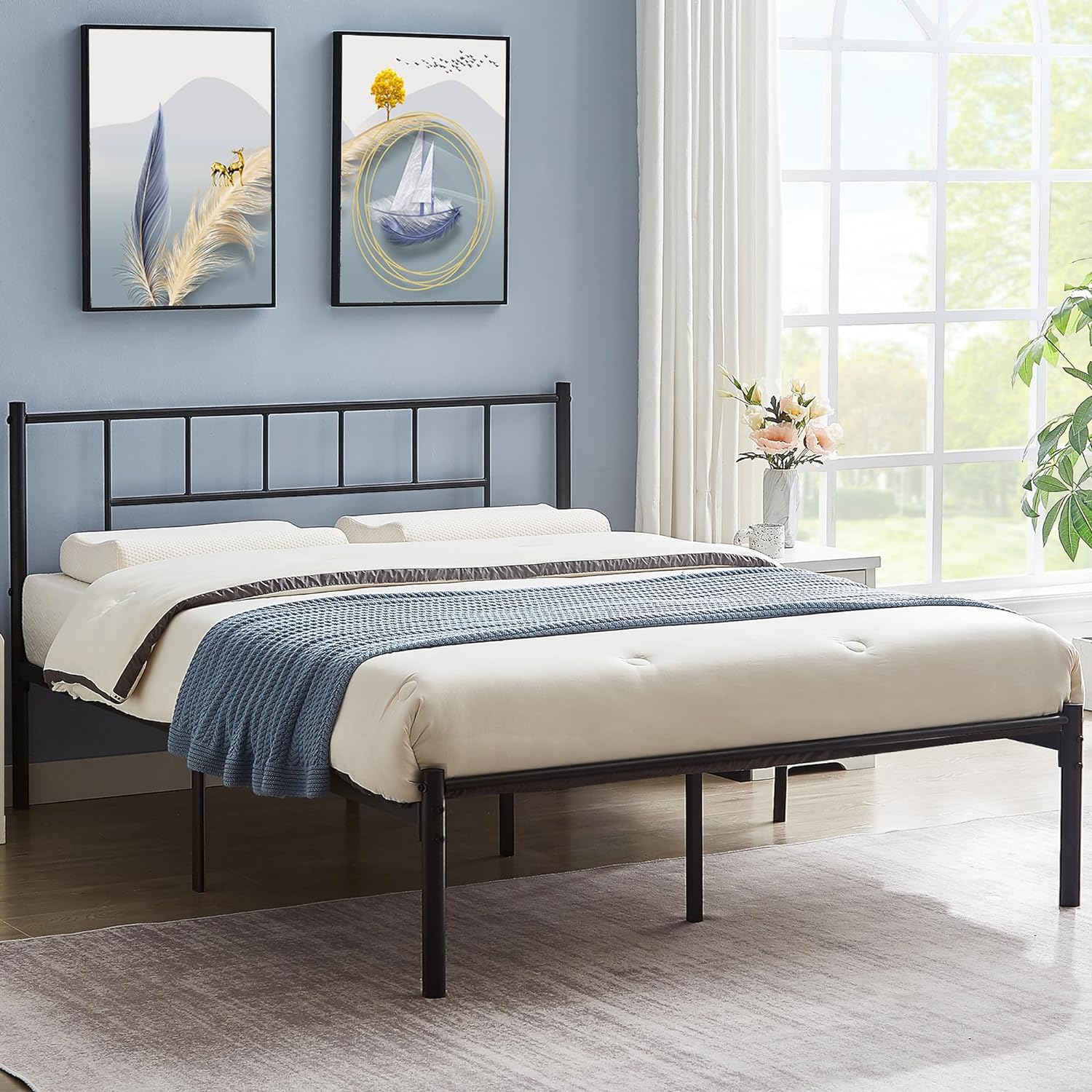 VECELO Bed Frame, 14 Inch Metal Platform with Headboard, Heavy Duty Steel Slat Support - VECELO