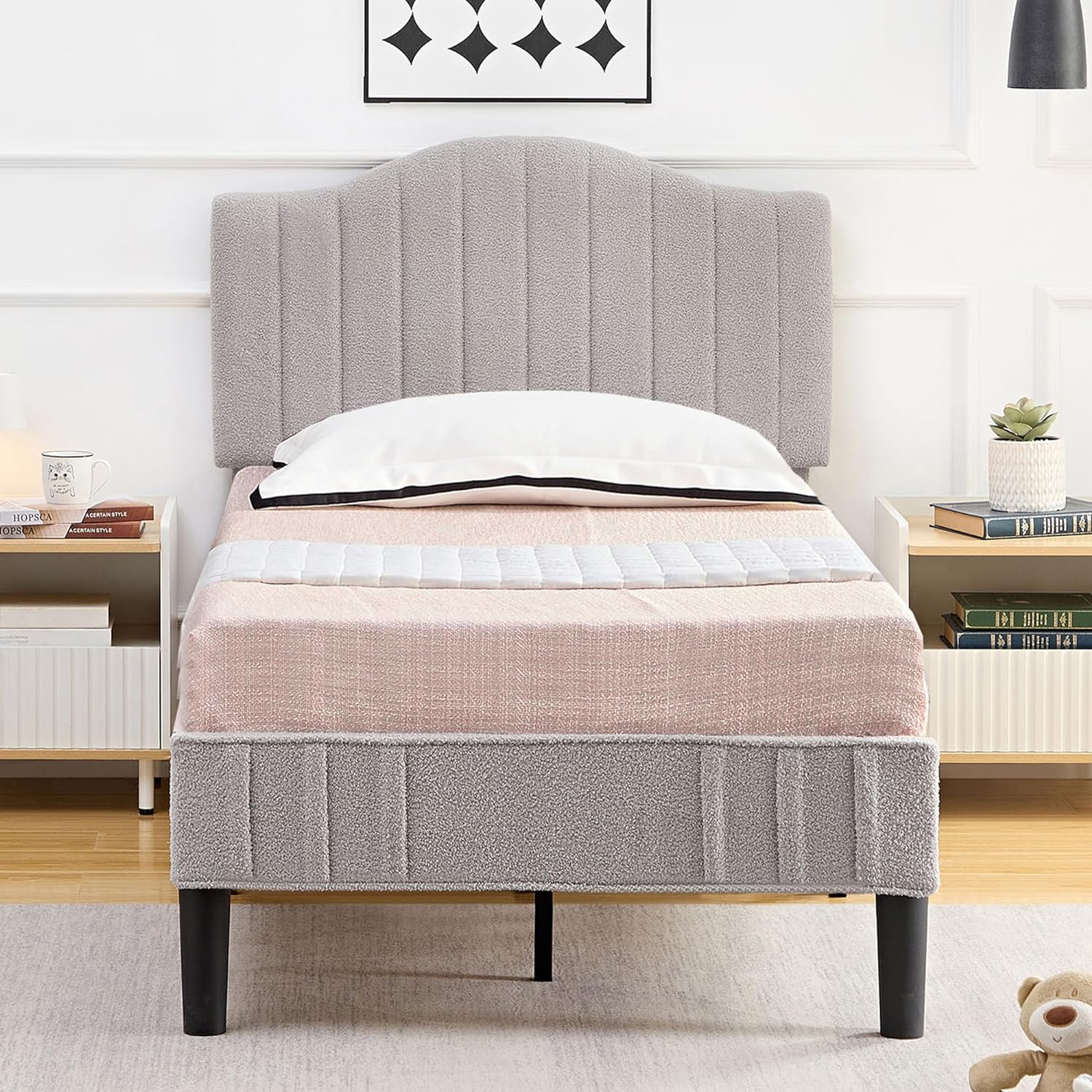 VECELO Upholstered Platform Bed Frame with Sheepskin Fabric Adjustable Headboard/Strong Wood Slats Supports - VECELO