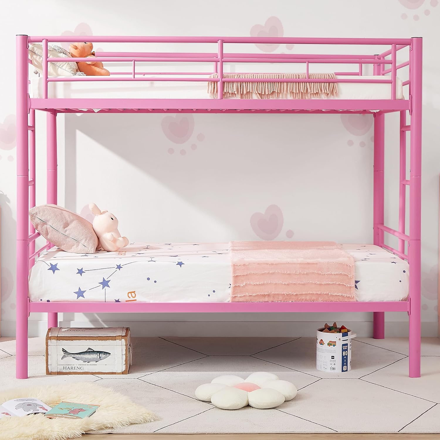 VECELO Metal Bunk Bed Twin Over Twin, Industrial Bunkbeds with Ladder and Full-Length Guardrail - VECELO