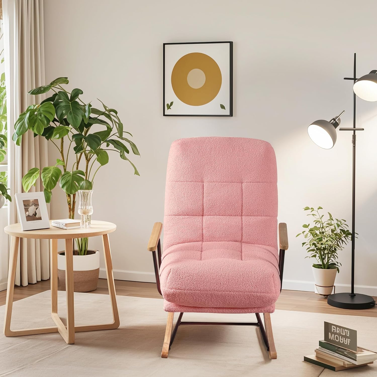 VECELO Rocking Chair Nursery Teddy Fabric Modern Upholstered Glider Rocker with High Backrest for Living Room - VECELO