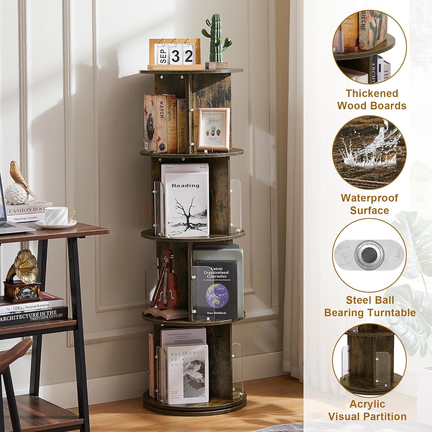 VECELO Rotating Bookshelf with Acrylic Display Window Partition - VECELO