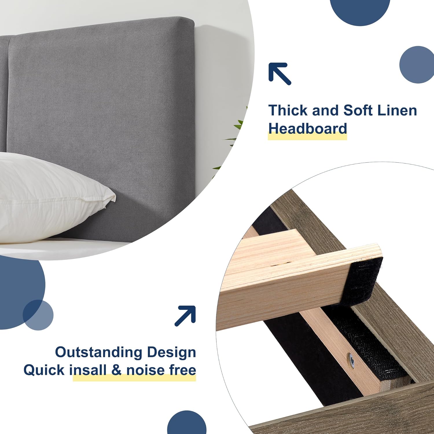 VECELO Upholstered Platform Bed Frame with Height-Adjustable Cotton and Linen Headboard - VECELO