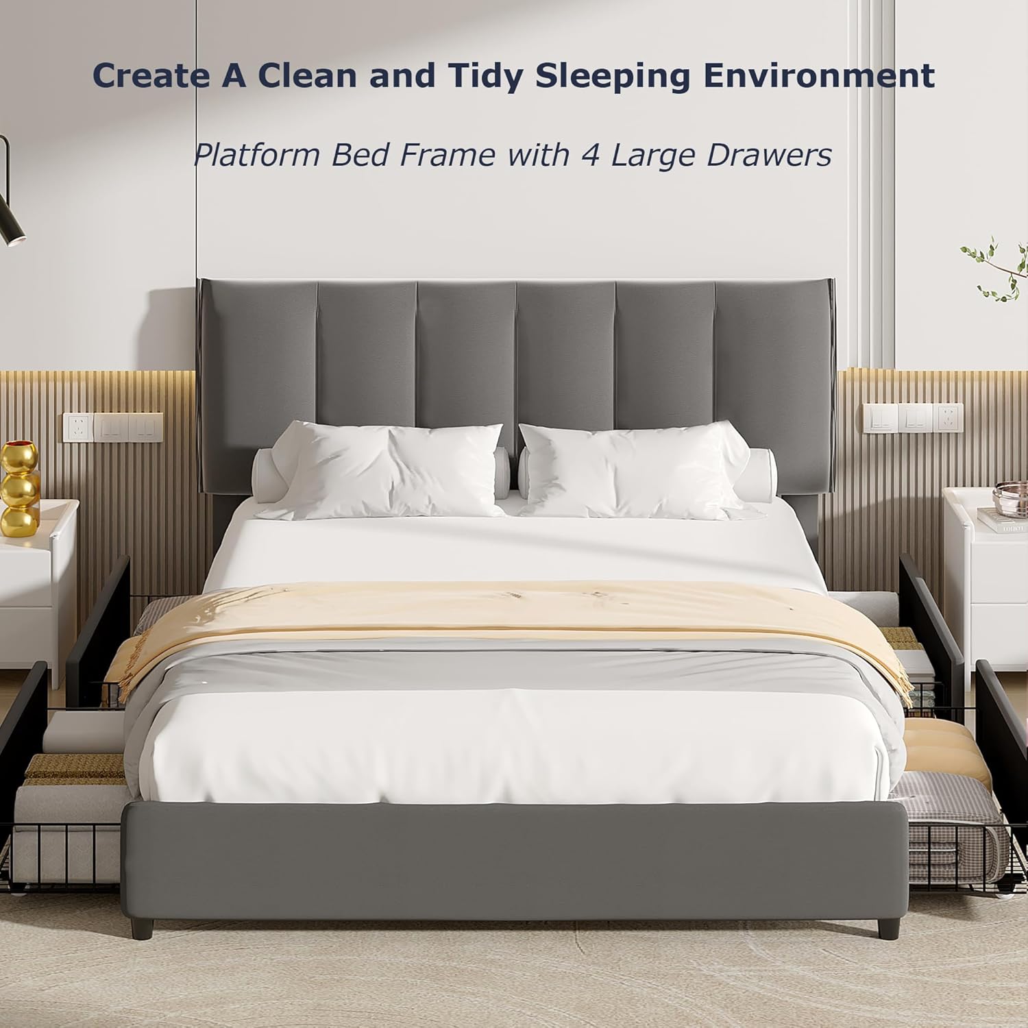 VECELO Upholstered Bed Frame with 4 Storage Drawers and Adjustable Velvet Headboard - VECELO