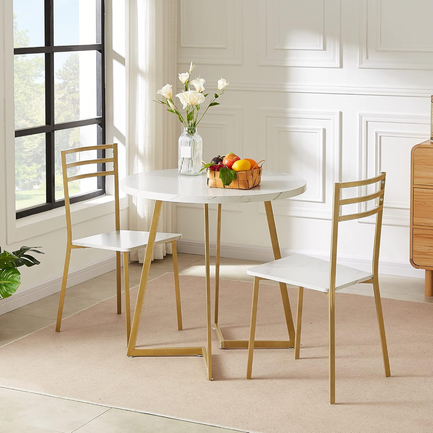 VECELO Round Dining Room Table with Wood Grain Tabletop and Steel Frame - VECELO