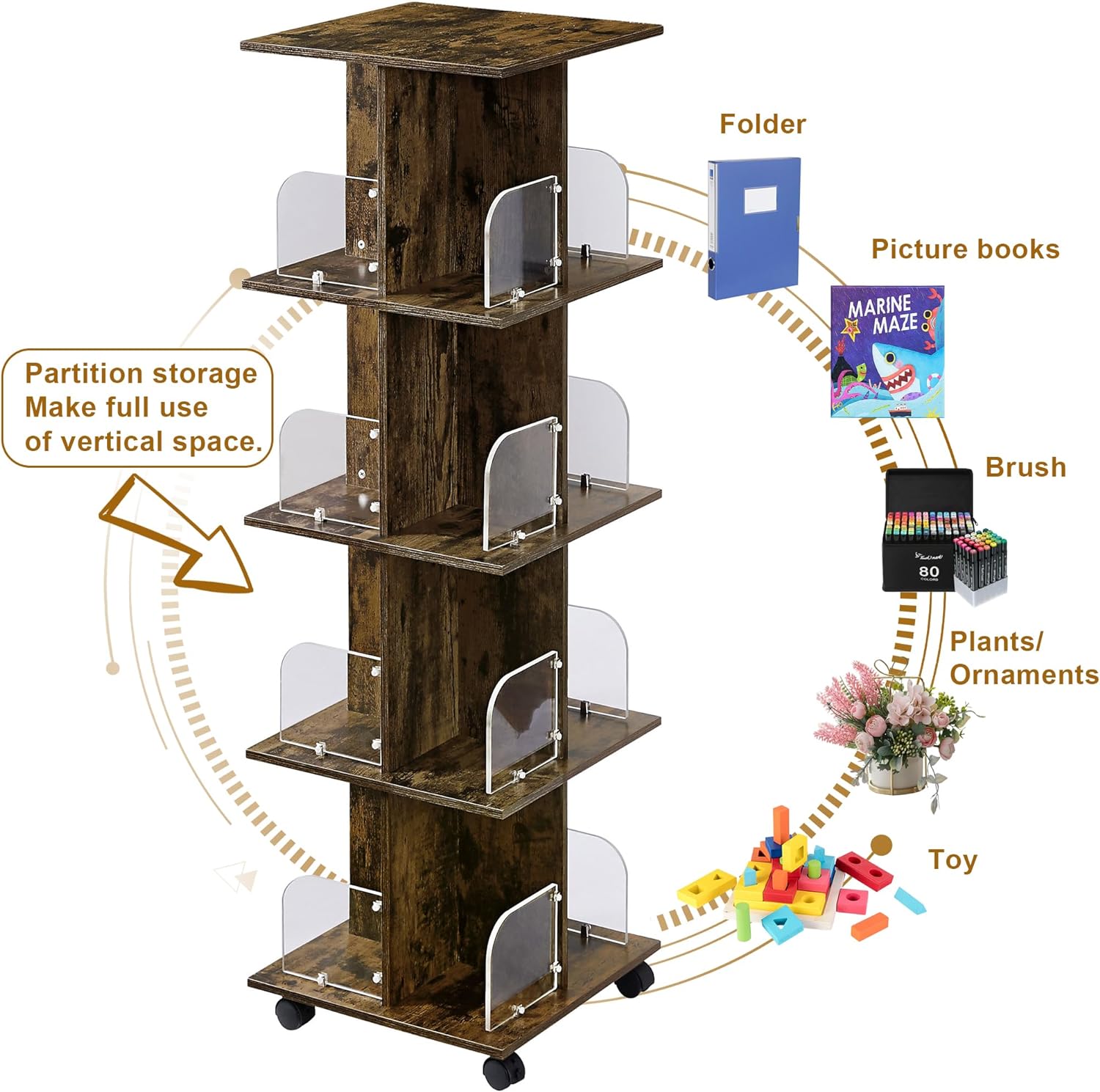 VECELO 4 Tier Rotating Bookshelf Tower,360° Corner Display Shelf with Wheels - VECELO