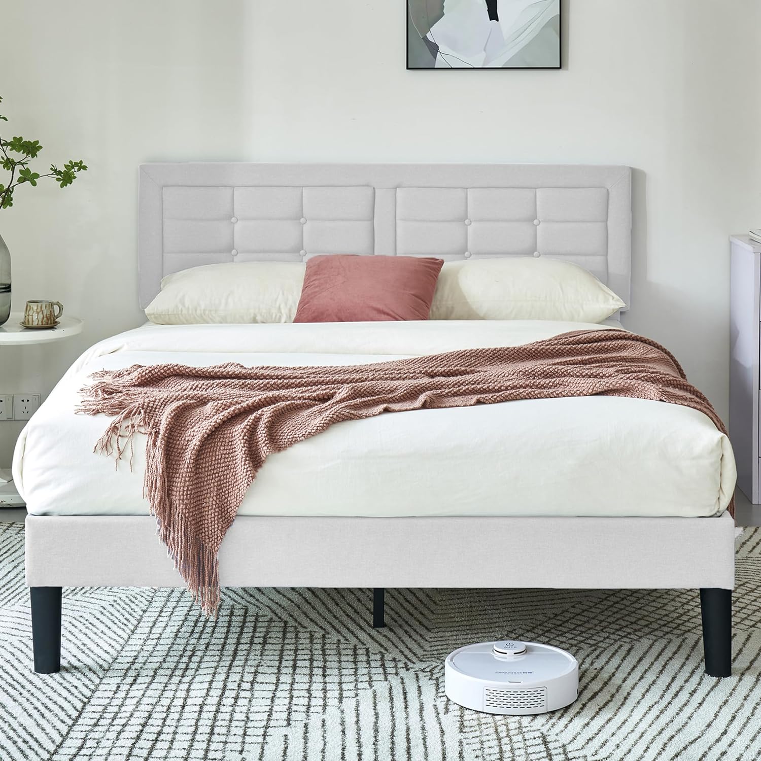 VECELO Upholstered Platform Bed Frame with Height Adjustable Headboard - VECELO