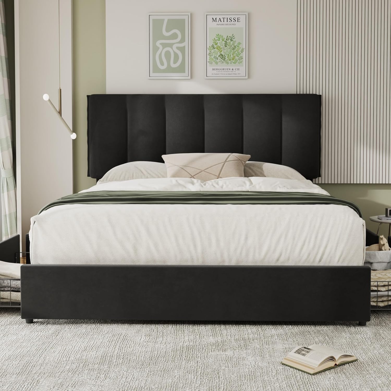 VECELO Upholstered Bed Frame with 4 Storage Drawers and Adjustable Velvet Headboard - VECELO