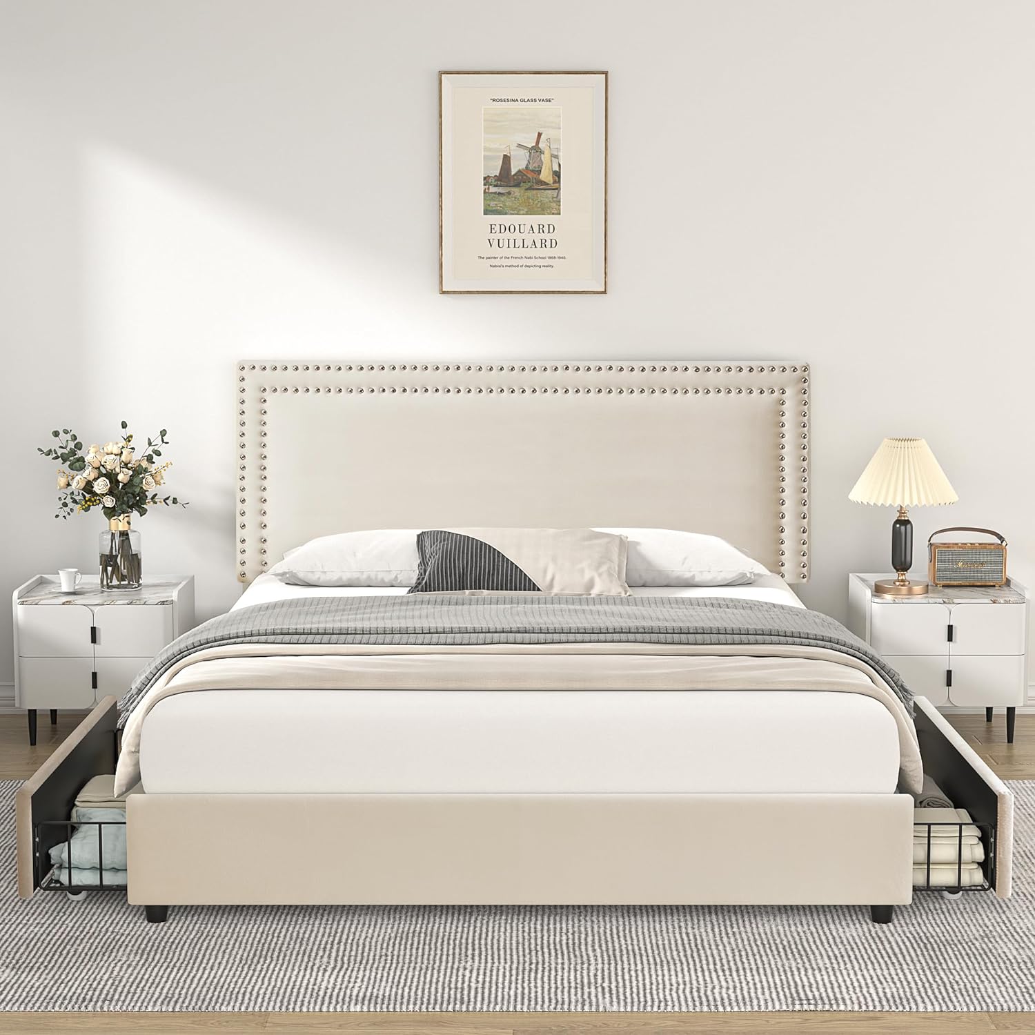 VECELO Upholstered Platform Bed Frame Platform with 4 Storage Drawers - VECELO
