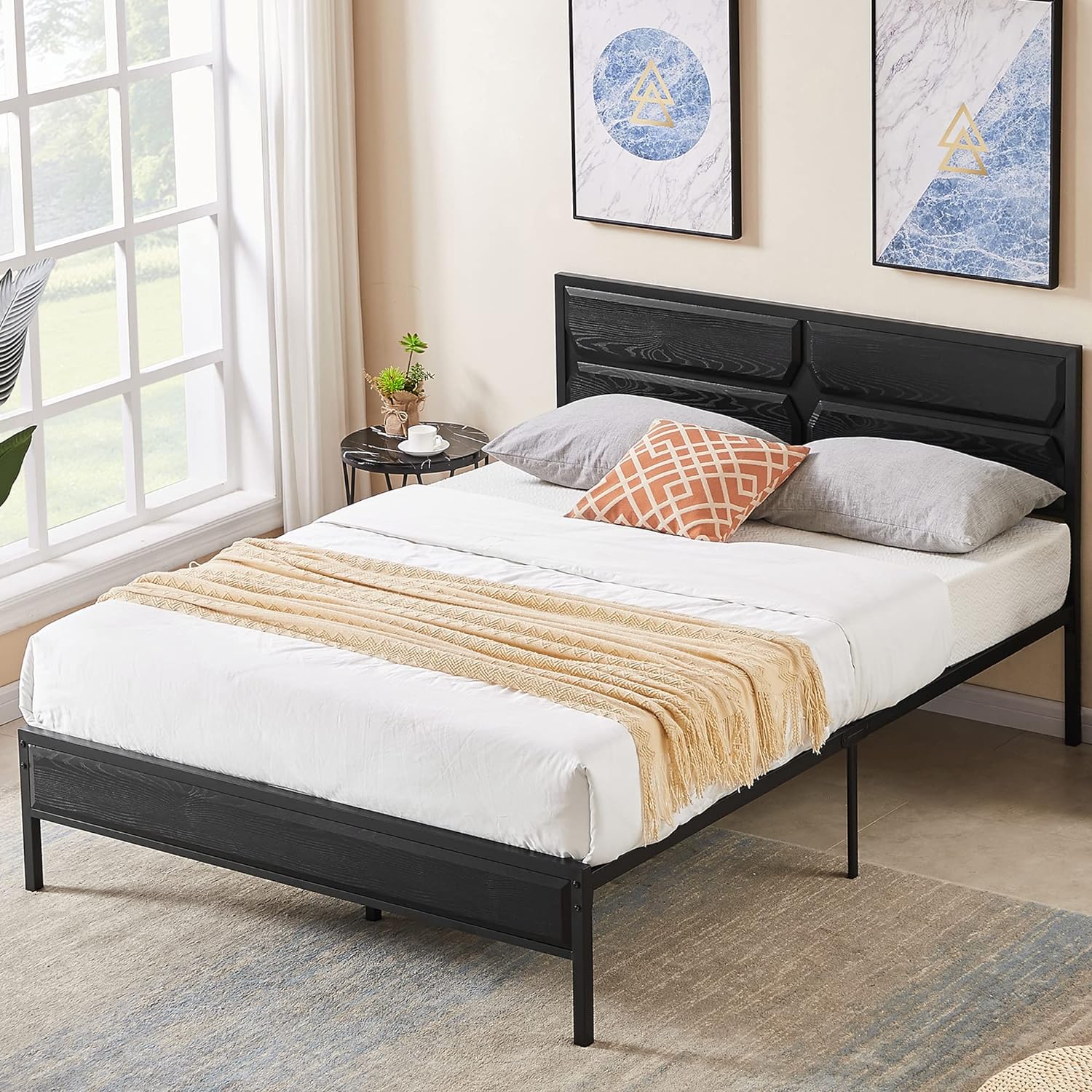 VECELO Metal Bed Frame Platform with Wooden Headboard&Footboard Mattress Foundation - VECELO