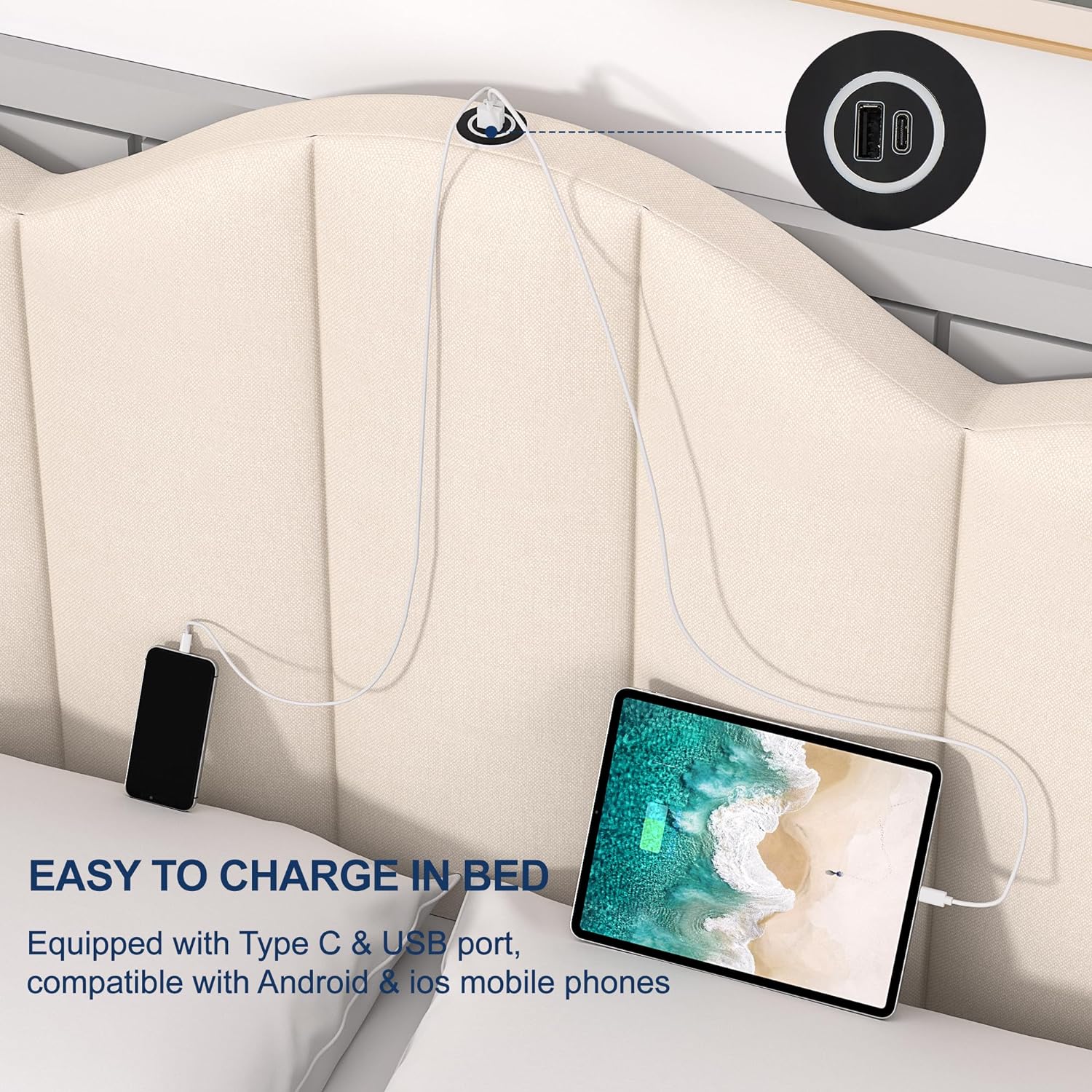VECELO Upholstered Platform Bed Frame with Type-C & USB Charging Stations - VECELO