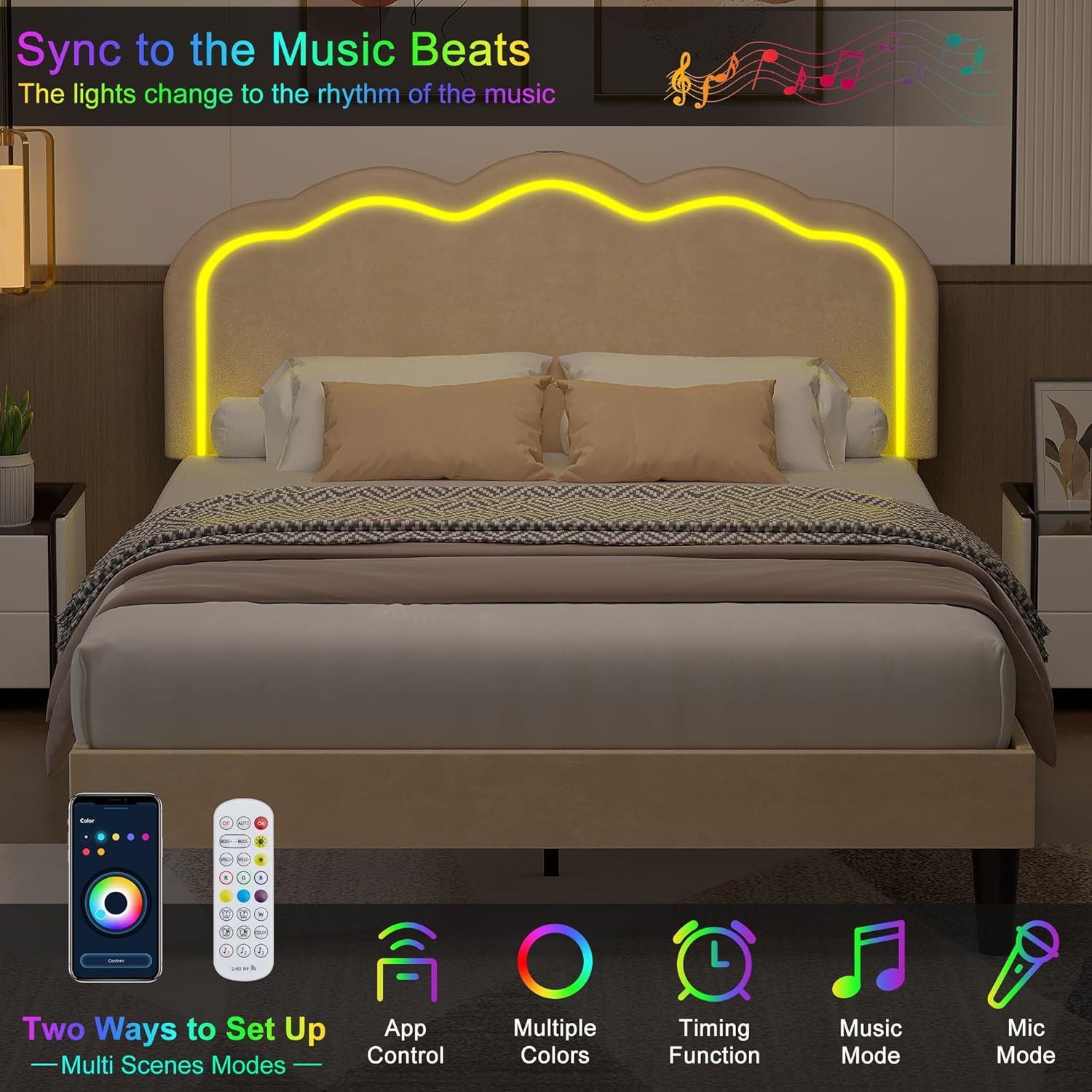 VECELO Upholstered Velvet Platform Bed Frame with Headboard Adjustable, LED Lights, USB-A & Type-C - VECELO